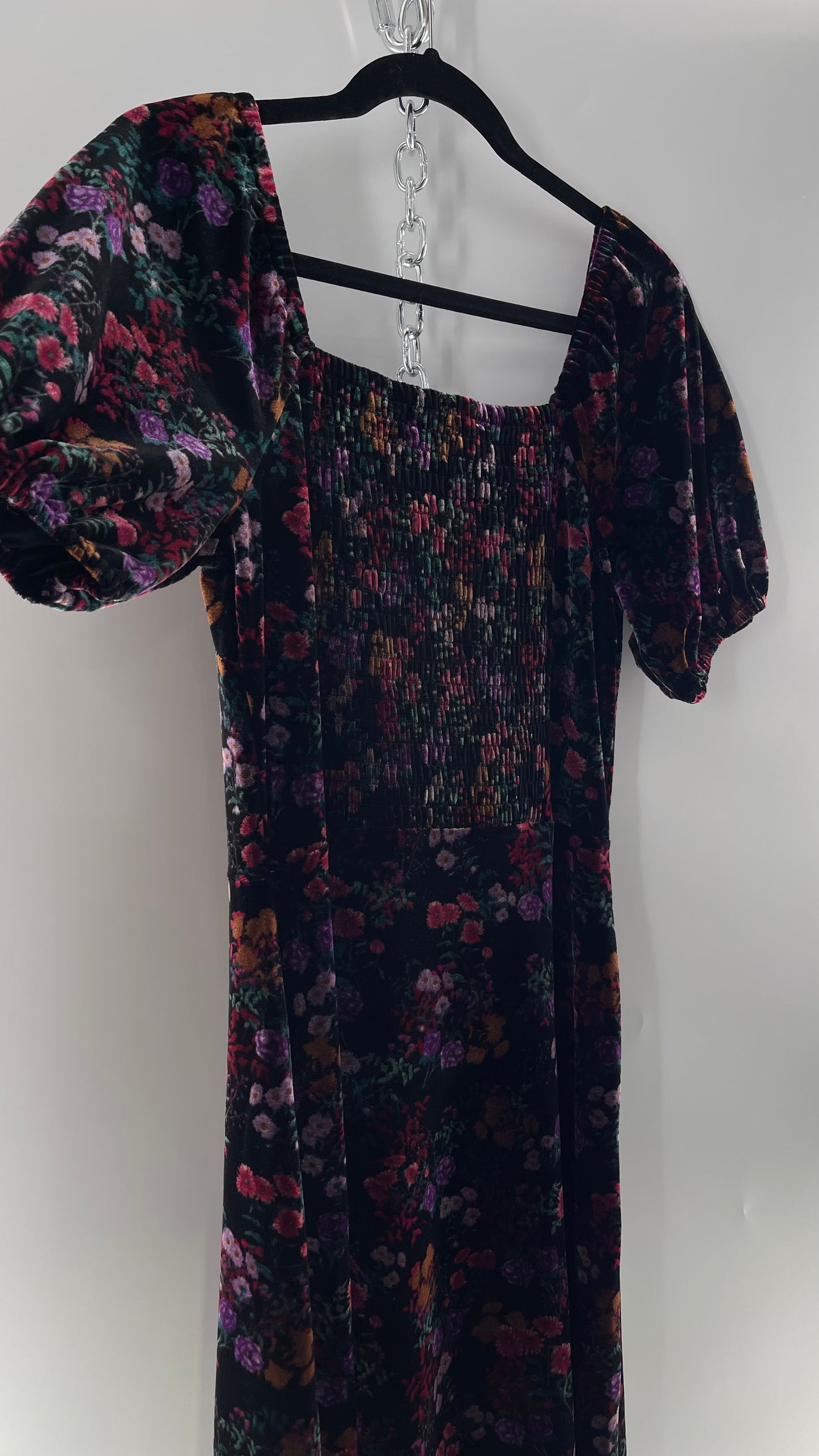 LOFT Velvet Dark Floral Full Length Dress with Puff Sleeves and Smocked Back with Tags Attached (8)