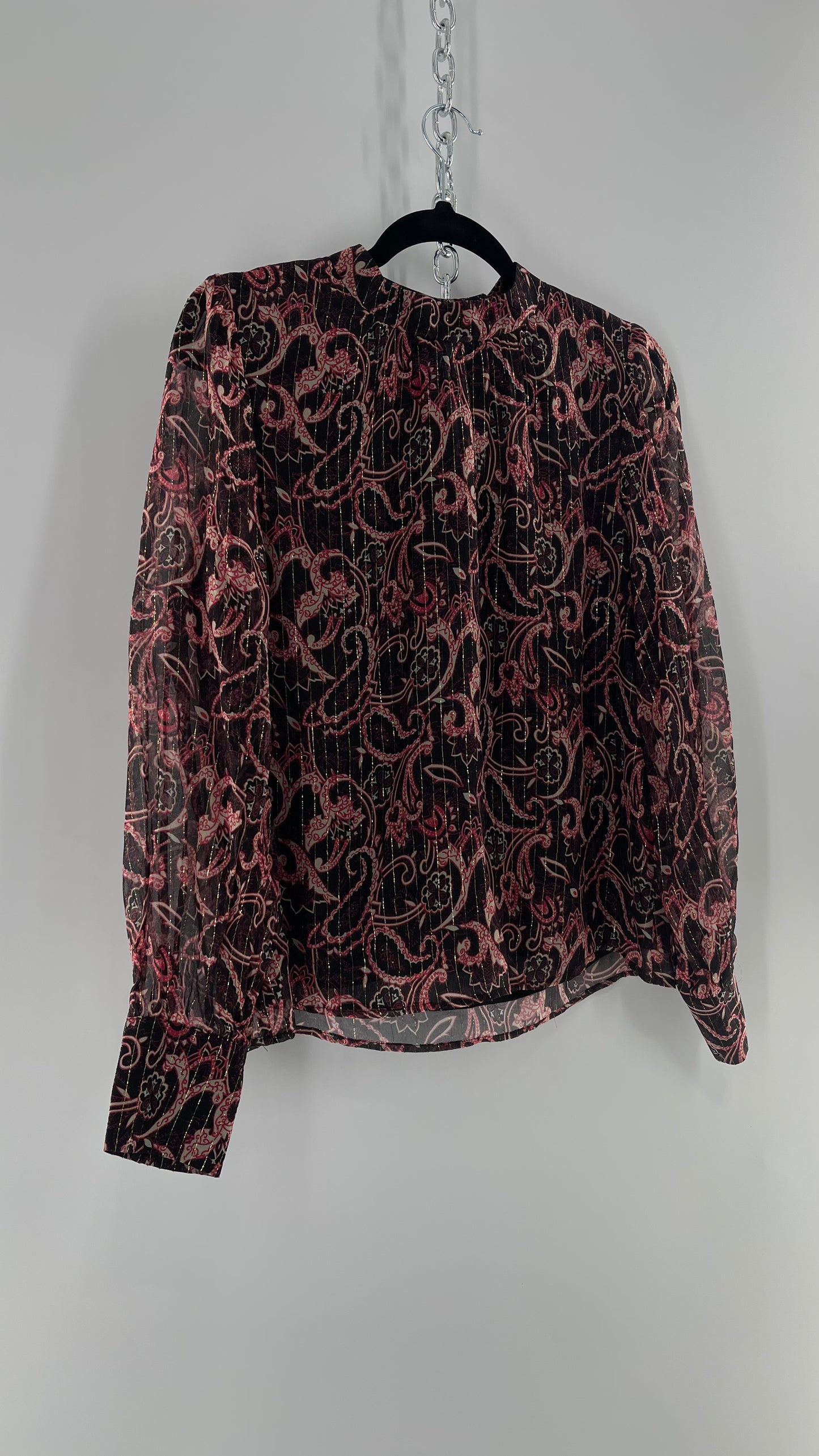 Kachel 95% Silk Black Paisley Blouse with Gold Tinsel Bessie Anthropologie (6)