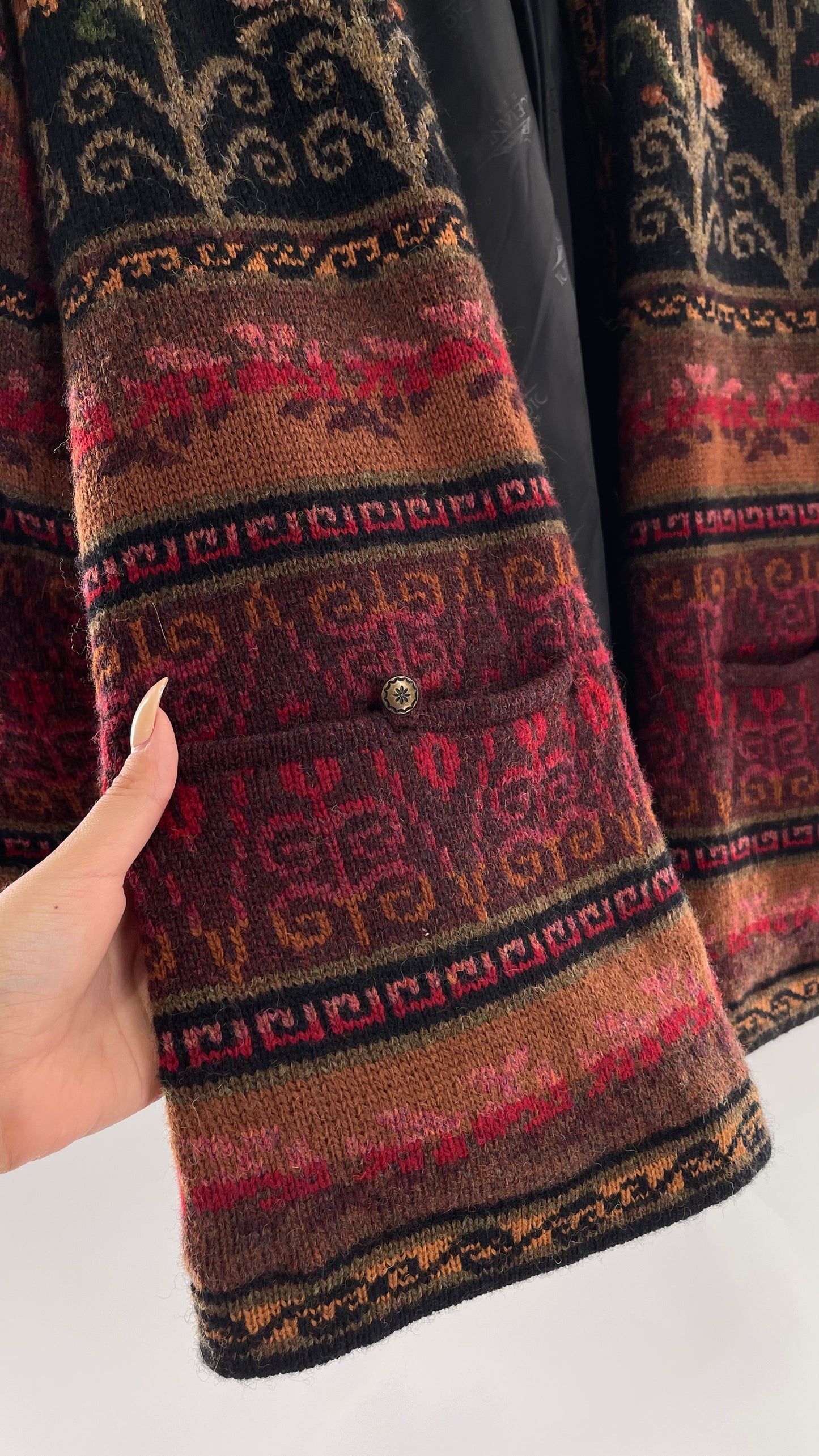 Vintage Iceland Design Wool Jacket with Brass Embossed Buttons and Folk Floral Patterning(C)(Medium)