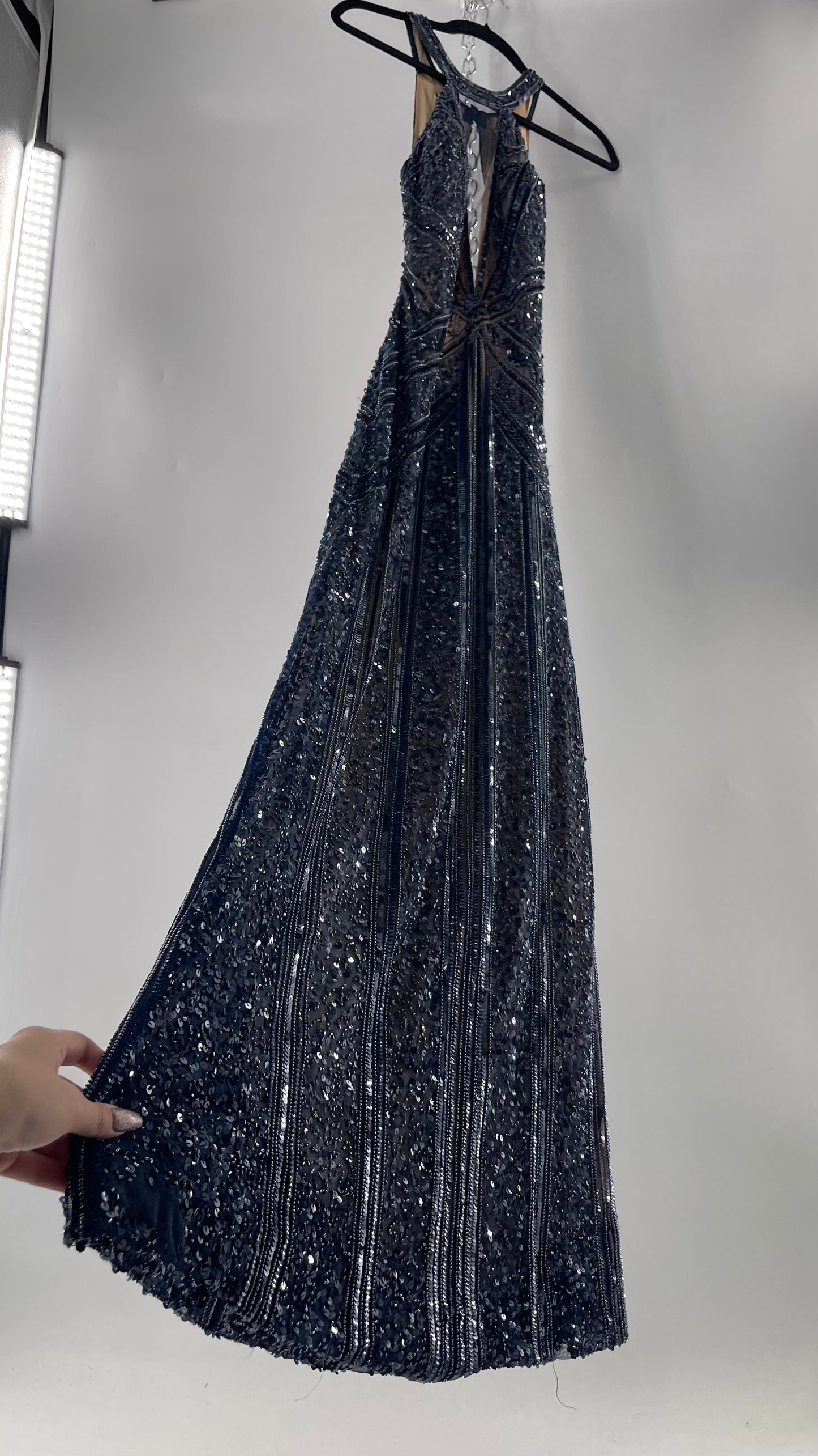 Vintage SCALA Navy Blue Beaded Floor Length Gown with Plunging Neckline, Backless Detail, and Tan Underlay (C)(4)