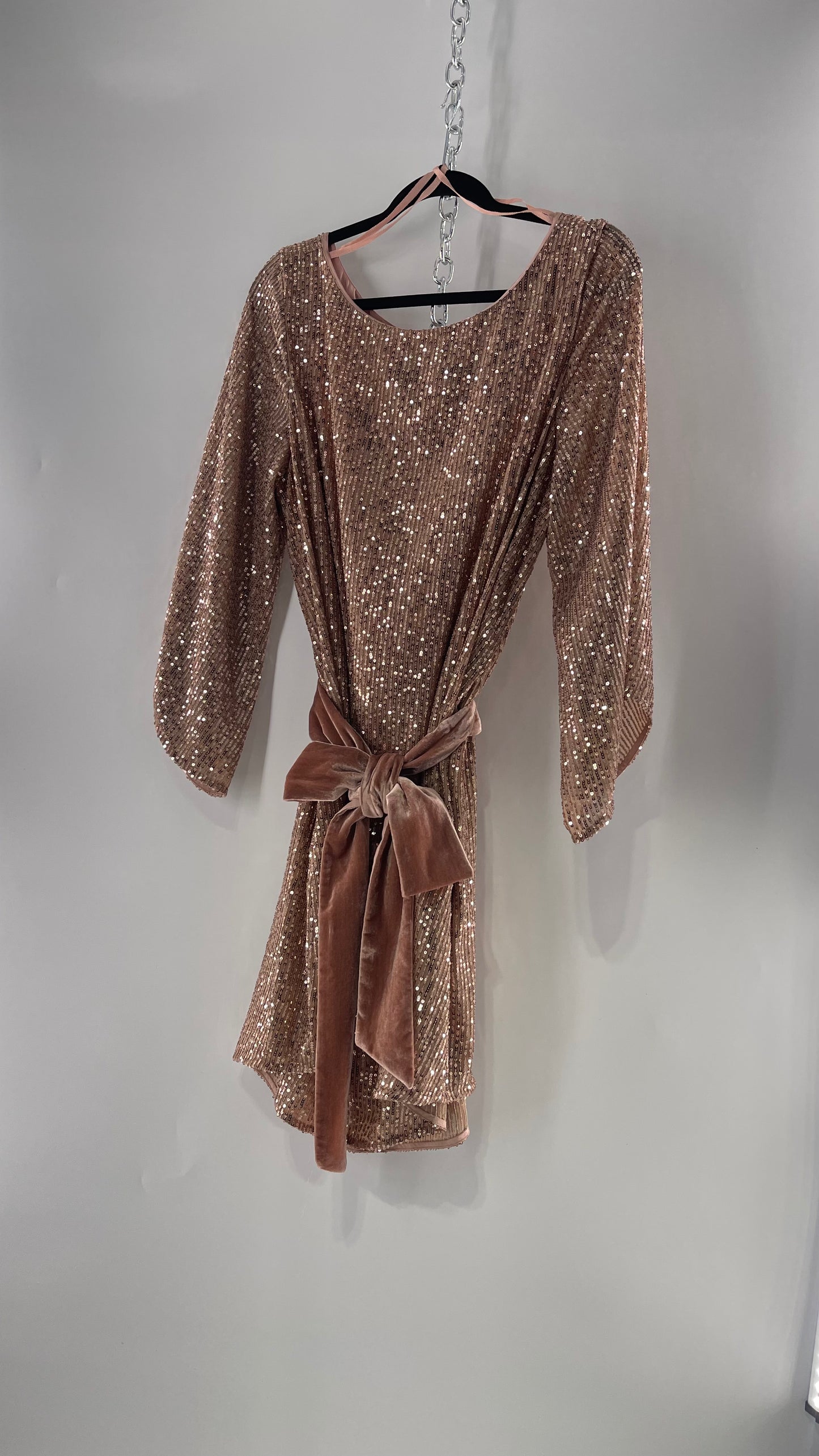 Anthropologie Rose Gold Sequin Dress with Velvet Waist Belt and Tags Attached (XL)