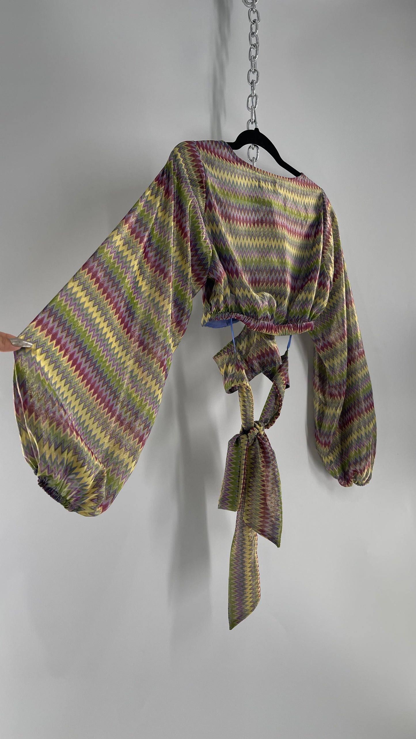 Urban Outfitters Shimmer Top Balloon Sleeve Green Purple Retro Print Cut Out Tie Around Blouse (XS)
