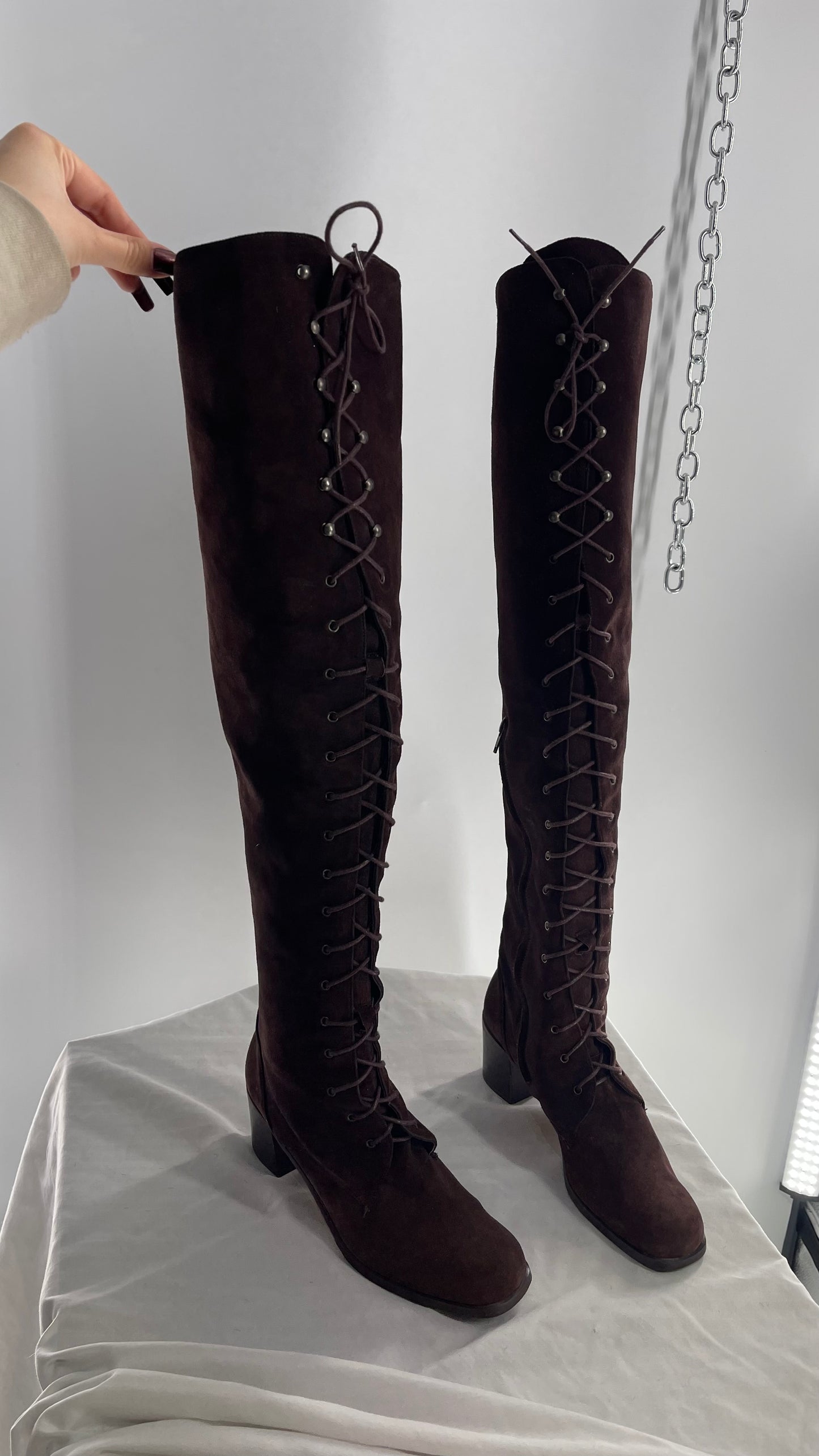 Vintage Kenneth Cole Over the Knee Brown Genuine Suede Leather Combat Boots (8.5)