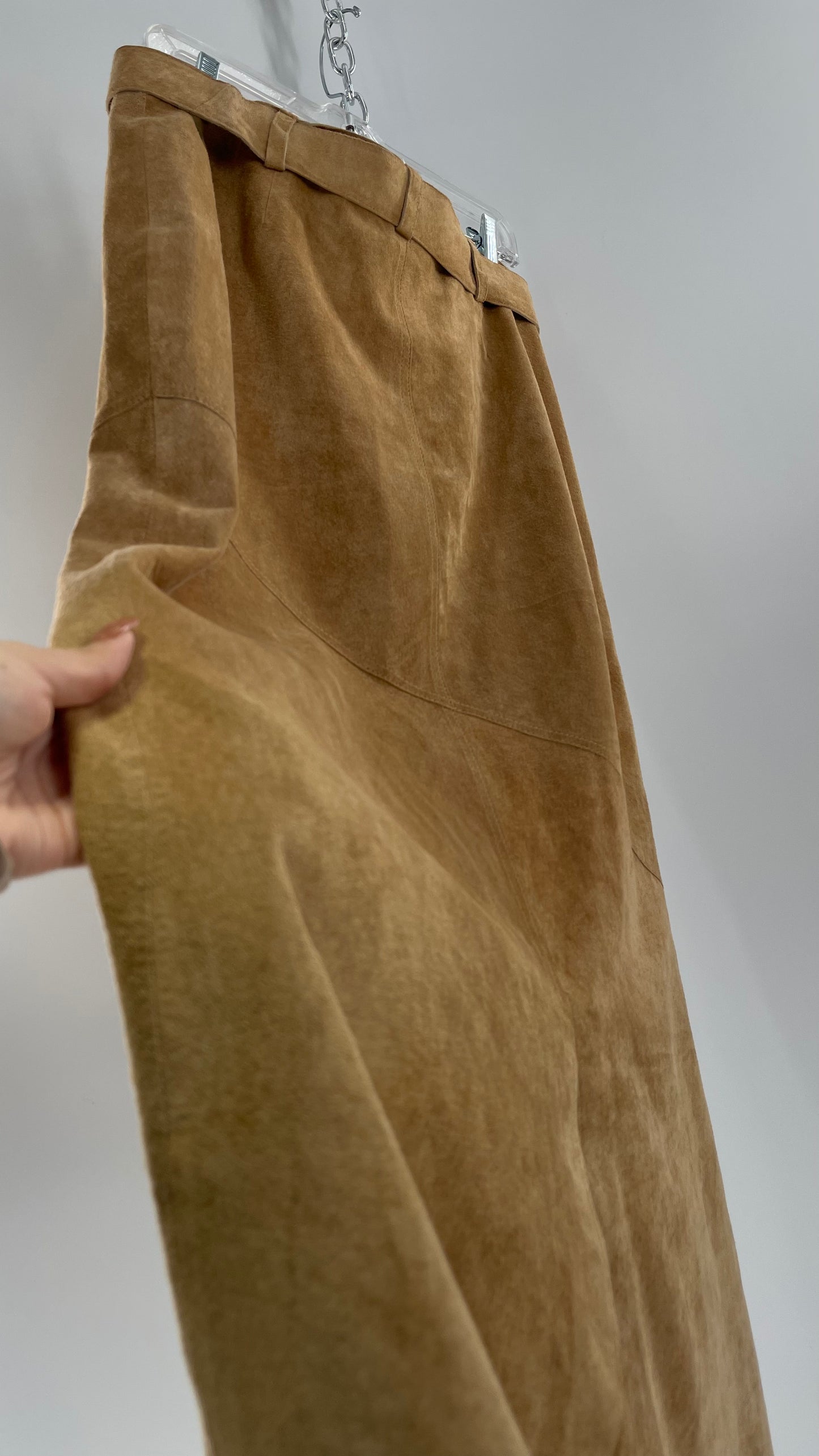 Vintage Margaret Godfrey Tan Suede Low Rise Full Length Skirt with Grommet Belt (14)