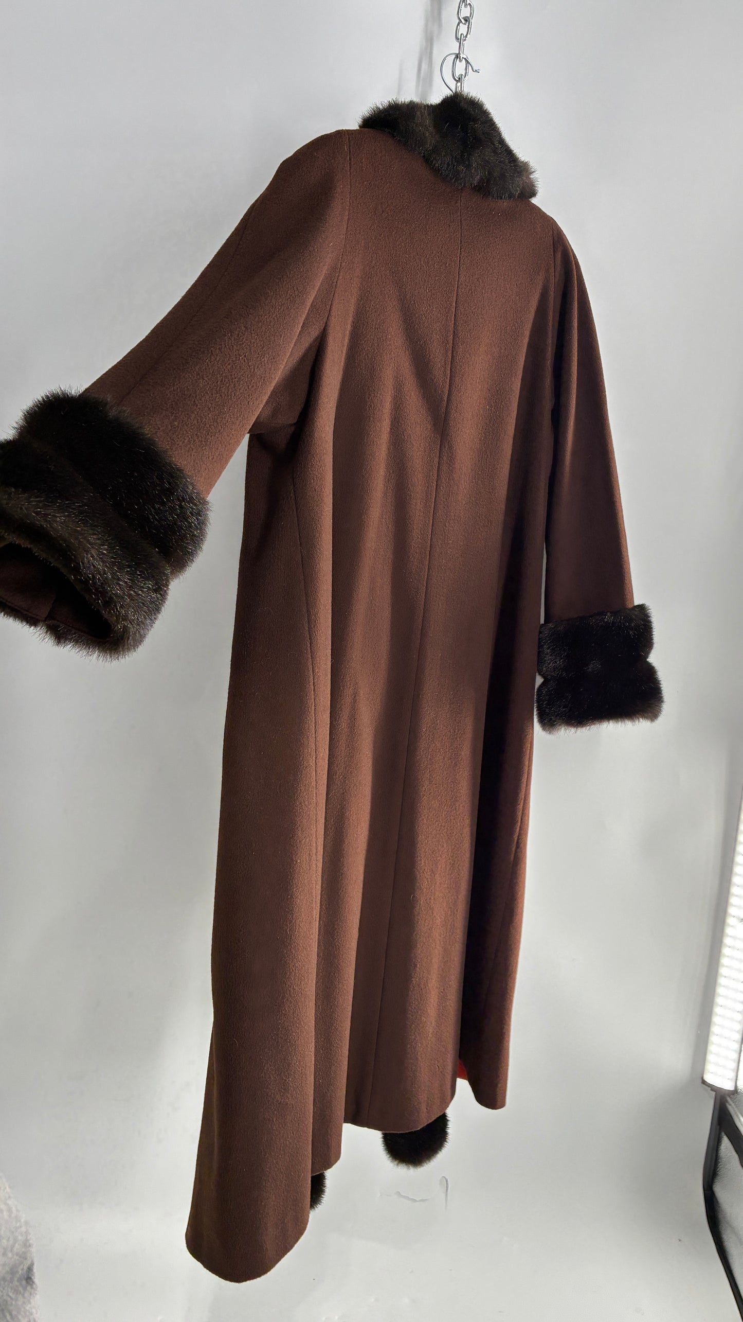 Vintage ALORNA Brown 75% Wool Duster, Full Length Coat with Vegan Fur Pom Pom Trim (12)