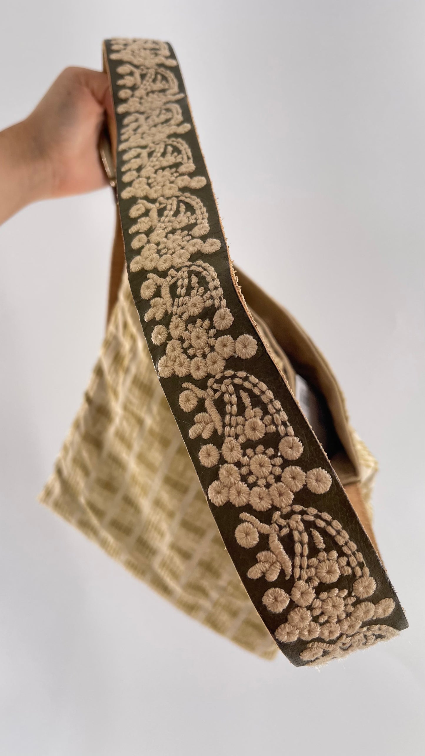 Tote with Embroidered Gold Exterior, Embroidered Leather Strap and Leather Interior - Shown Reversed