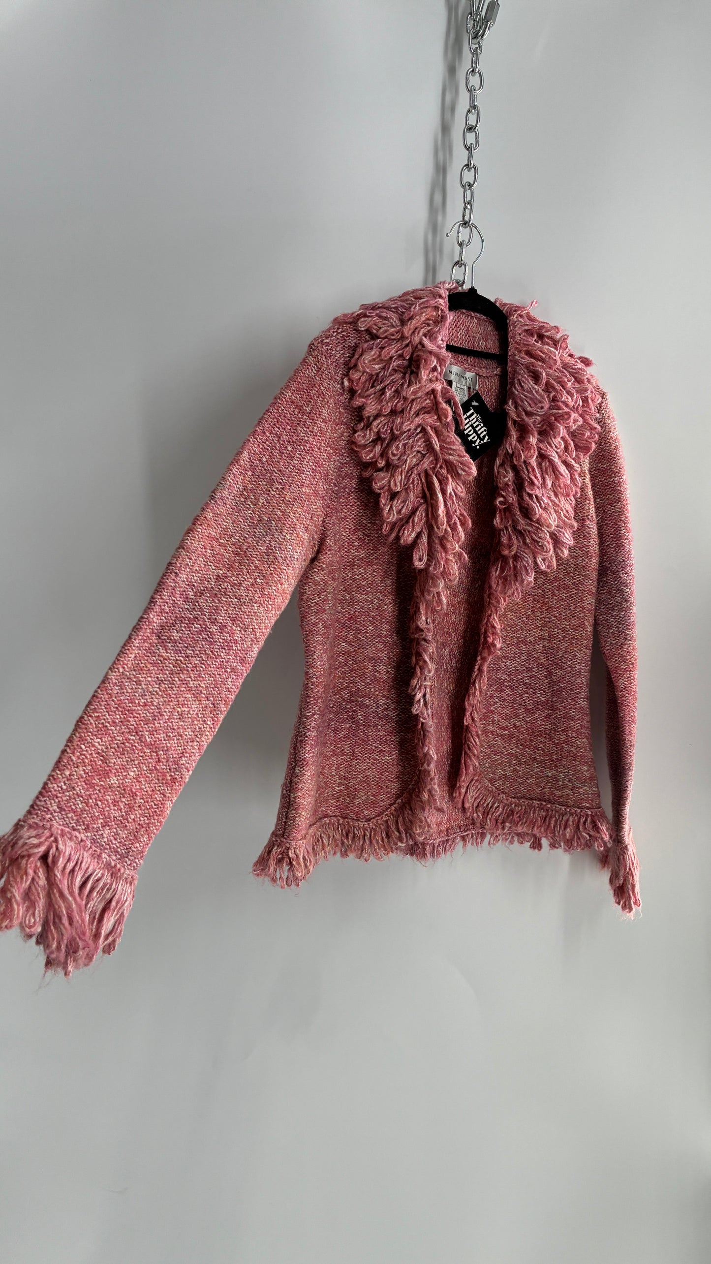 Nine West Pink Knit Cardigan Jacket with Exaggerated Fringe Collar and Cuffs (Large)