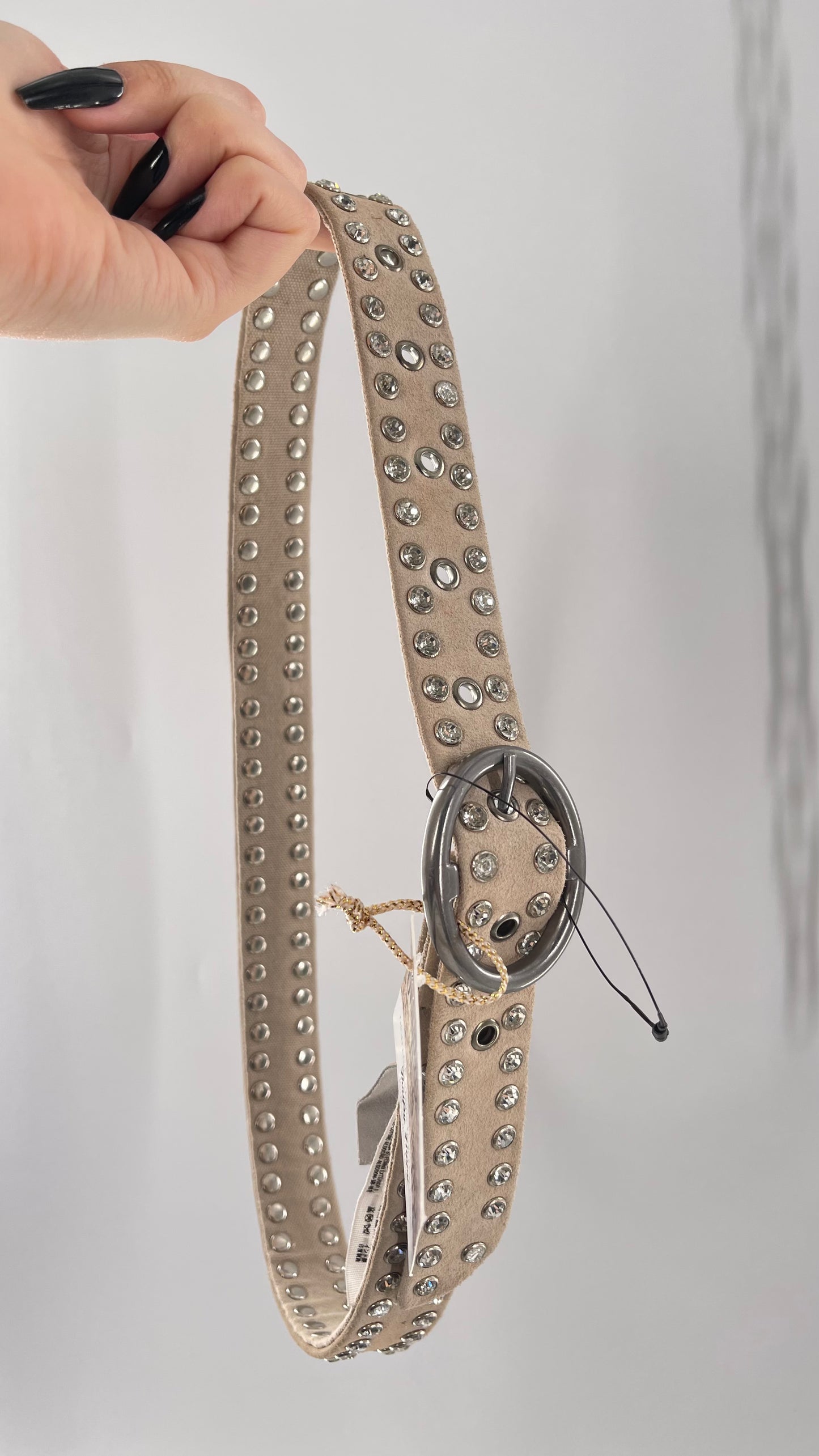 Free People Beige Leather Canvas Studded Rhinestone Crystal Studded Belt with Heavy Metal Buckle (S/M)