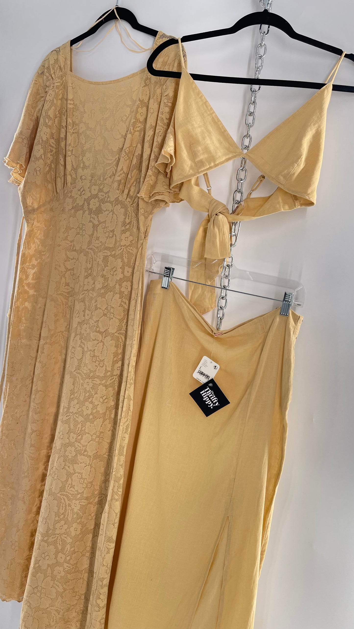 Free People Yellow Lace Gauze Maxi Dress Set with Bralette and Side Grommet Skirt (Large)