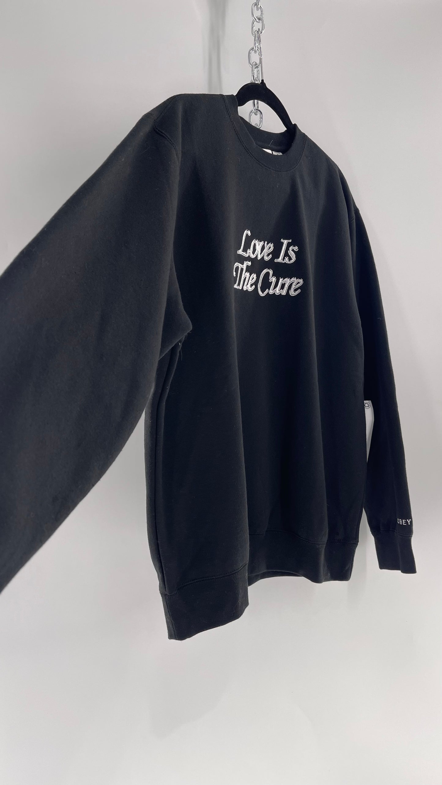OBEY Black All Over Embroidered Love is The Cure Crewneck with Tags (Medium)