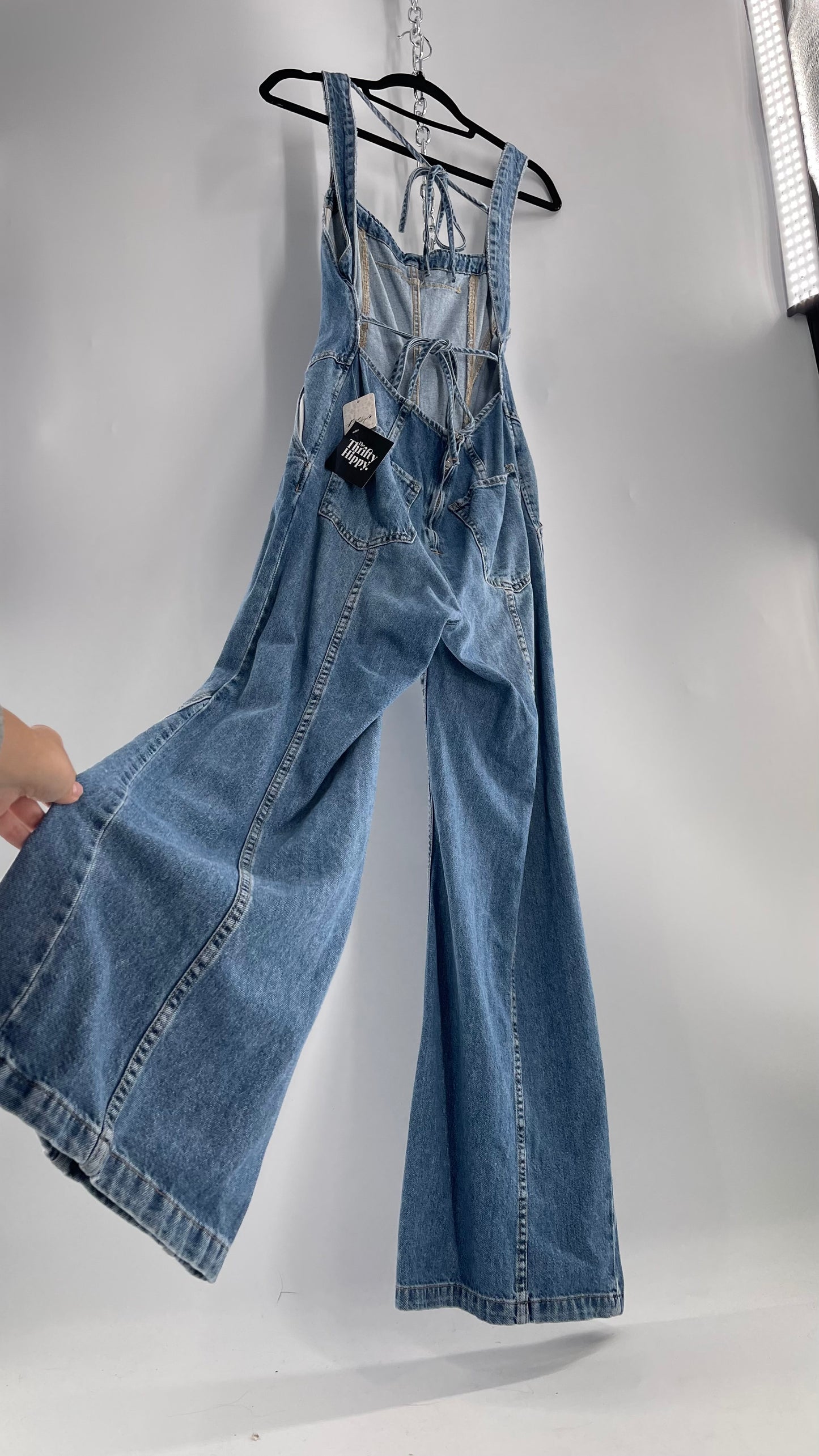 Free People Denim Backless Wide Leg Jumpsuit with Tags Attached (Small)