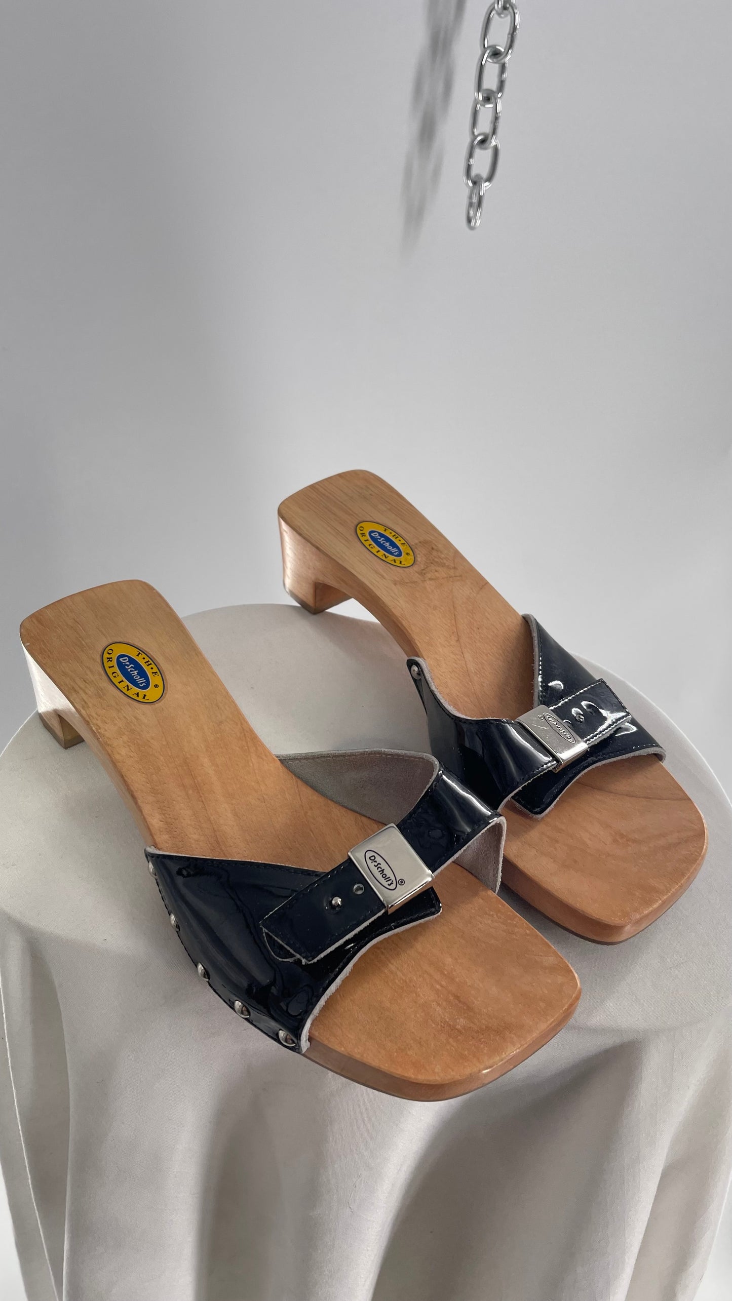 Vintage Dr.Scholls Black Studded Wooden Clog Sandal (8)
