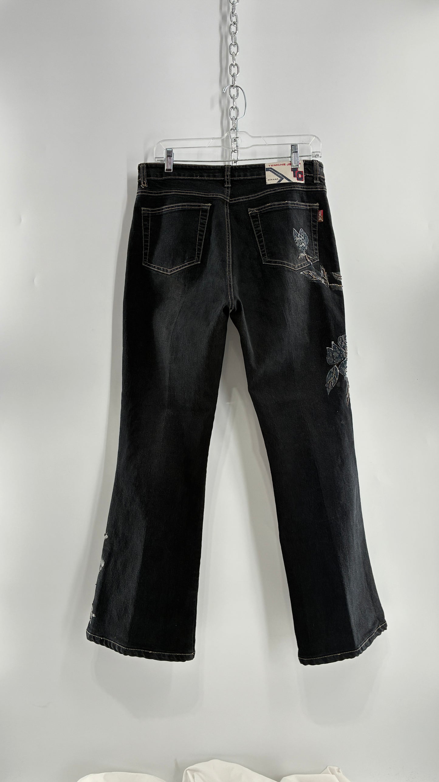 Vintage TEMCHE JEANS Dark Wash Jeans with Painted, Beaded Florals