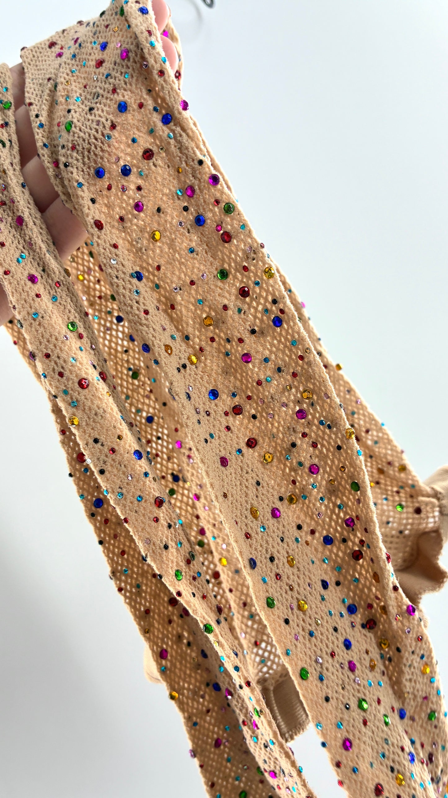 Beige Mesh Tights with All-Over Multicolored Rhinestones