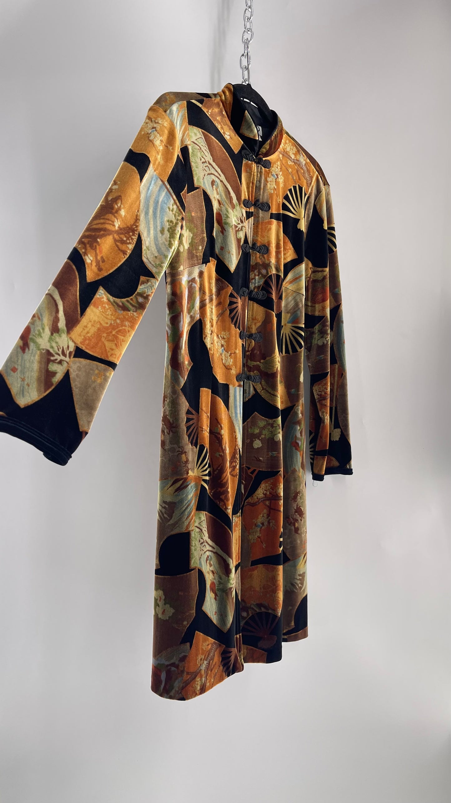 Vintage CLIO 1990s Black Velvet/Velour Fan Patterned Duster Coat (Medium)