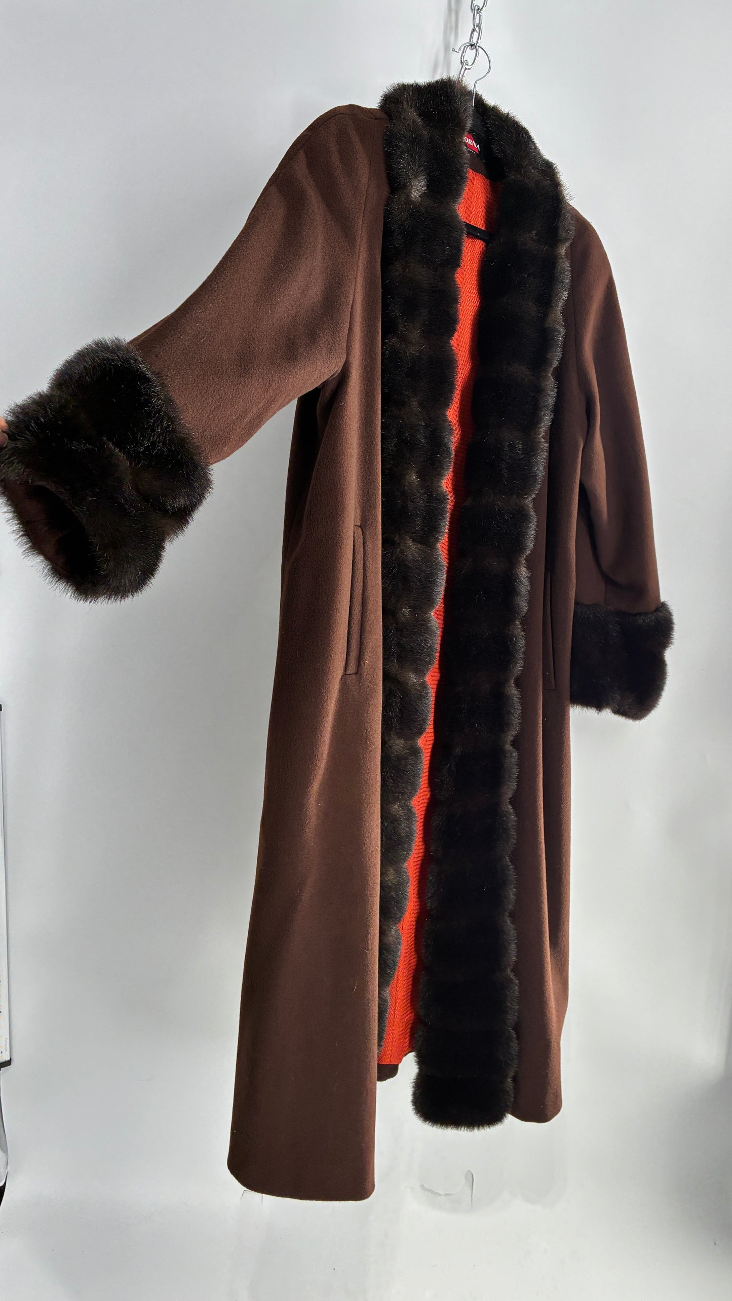 Vintage ALORNA Brown 75% Wool Duster, Full Length Coat with Vegan Fur Pom Pom Trim (12)