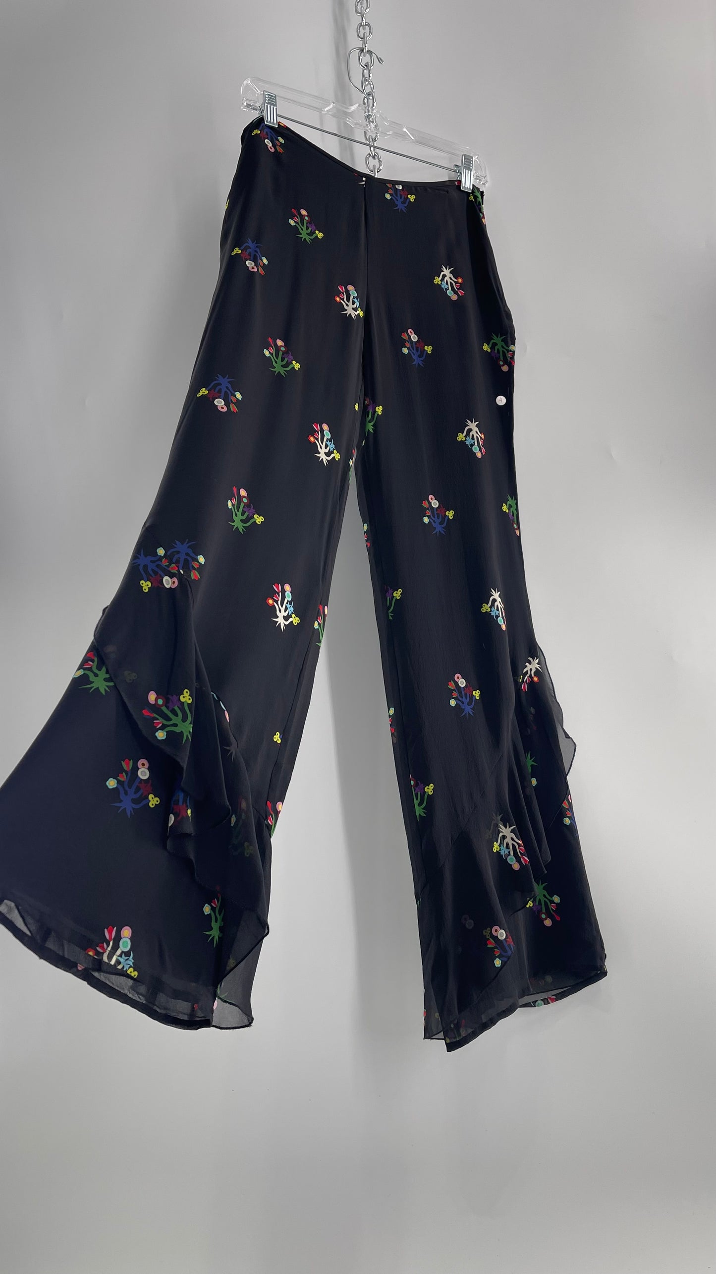 Cynthia Rowley Black Flared Pants with Colorful Abstract Florals, Dual Lining and Ruffle Trim (4)