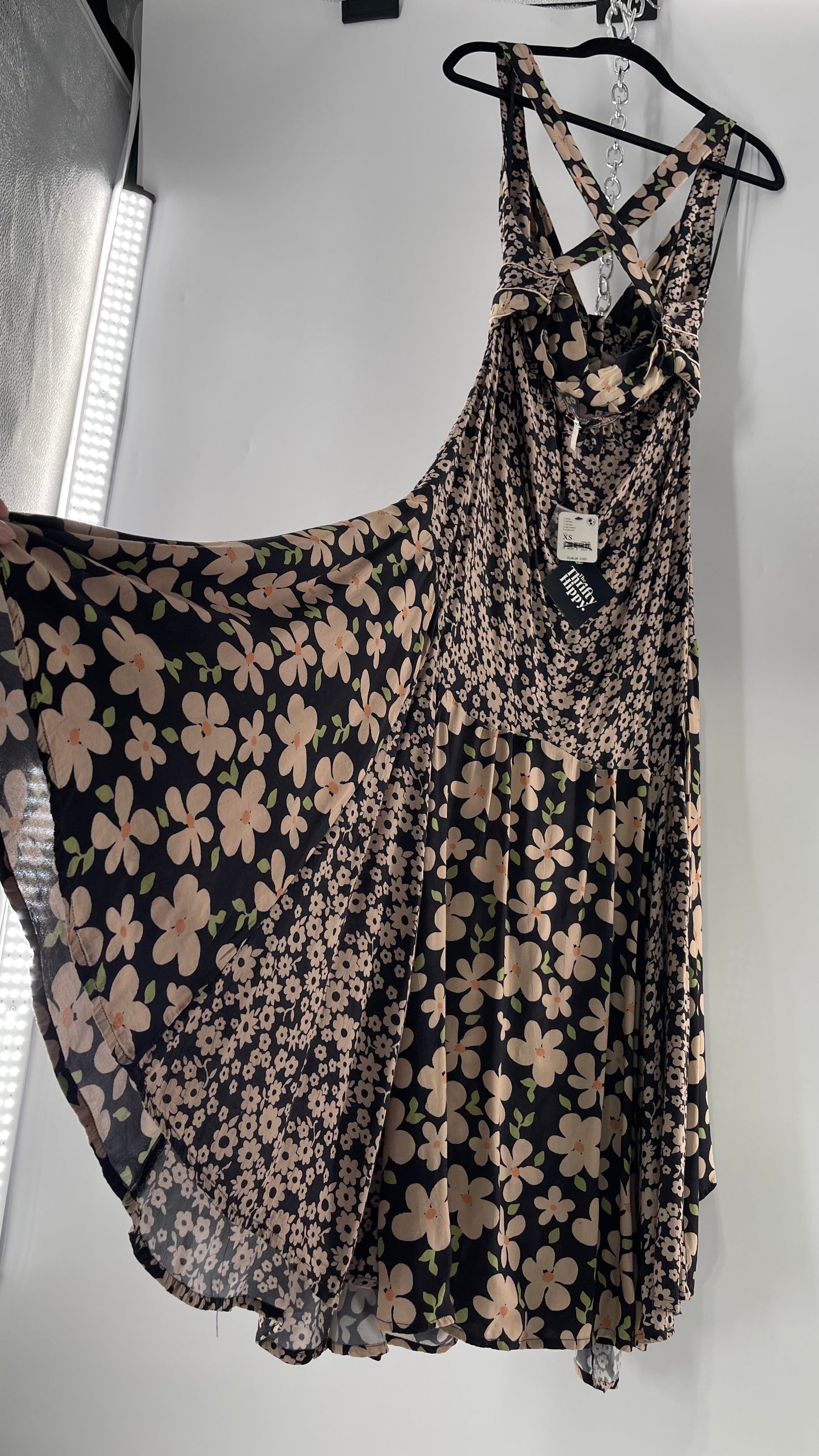 Free People Daisy Mixed Pattern Black/Beige Button Front Full Length Dress (XS)