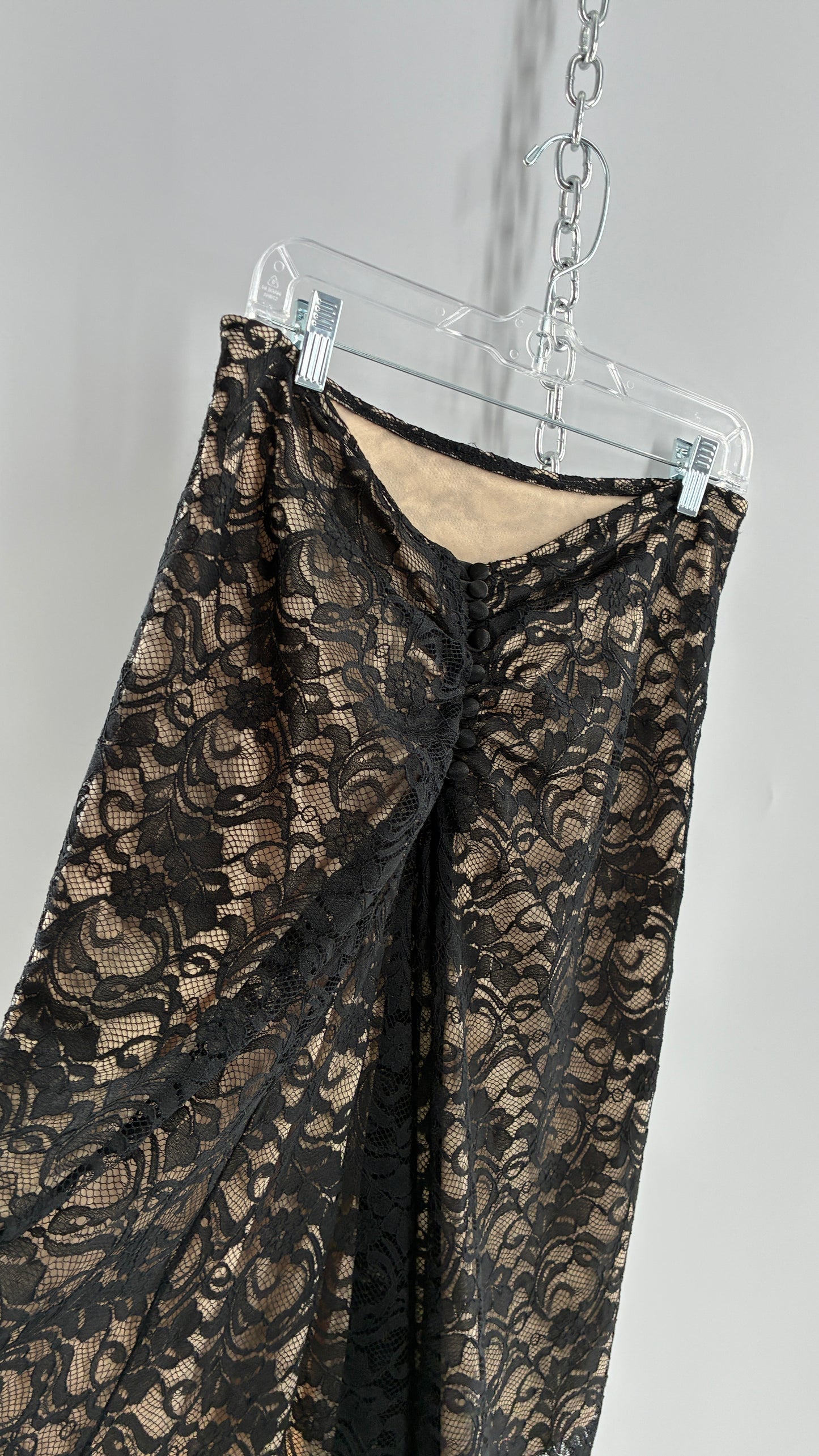 Vintage HEART MOON STARS Black Lace Overlay + Nude Underlay Skirt with Low Wired Back, Ruched Bum, and Button Down Back(8)