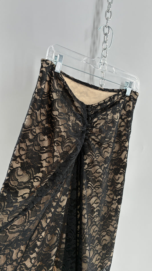 Vintage HEART MOON STARS  Black Lace Overlay + Nude Underlay Skirt with Low Wired Back, Ruched Bum, and Button Down Back(8)