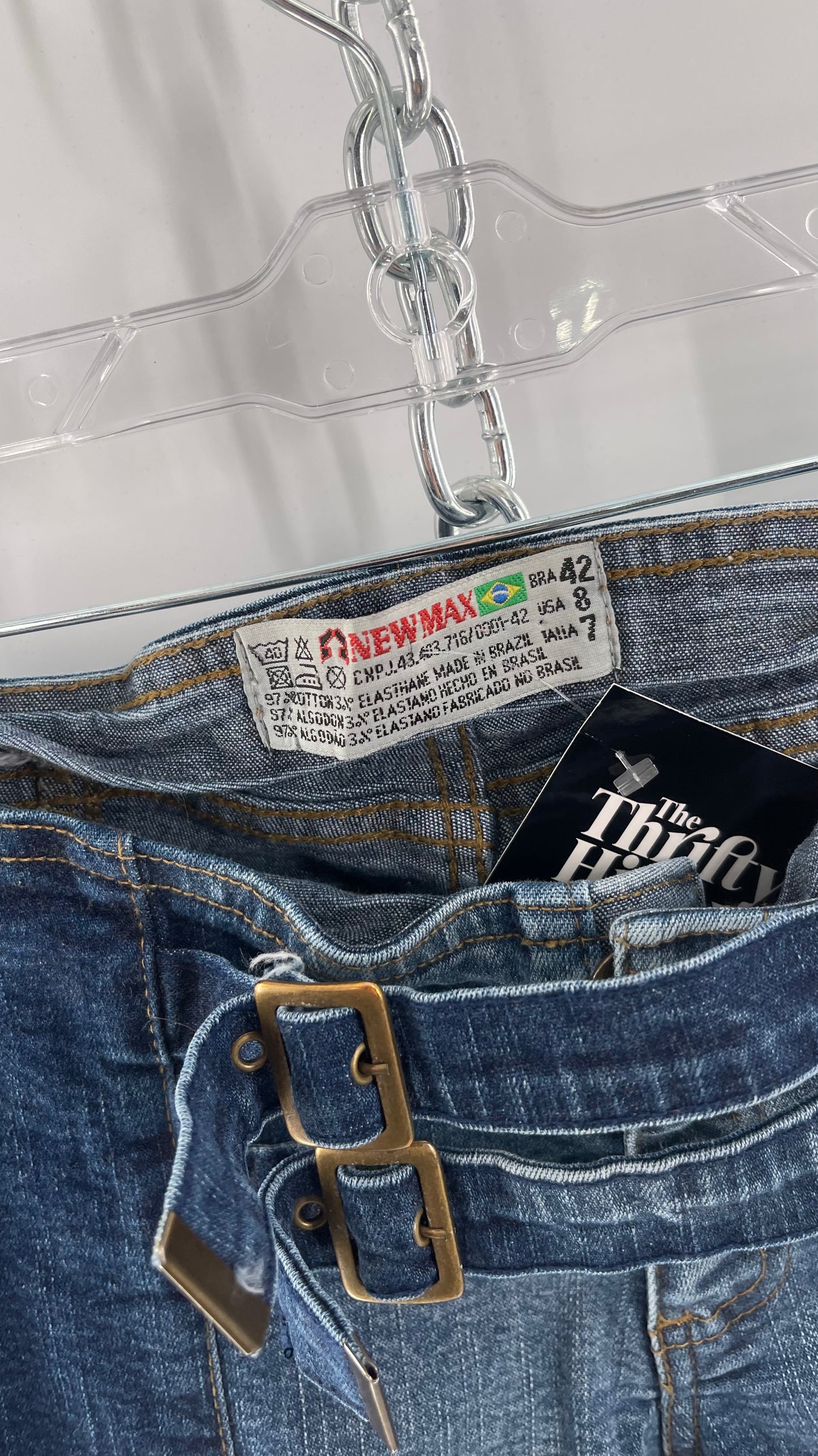 Vintage NewMax Two Toned Paneled Brazilian Jeans with Buckle Jean Strap Closure and Flared Hem (8)