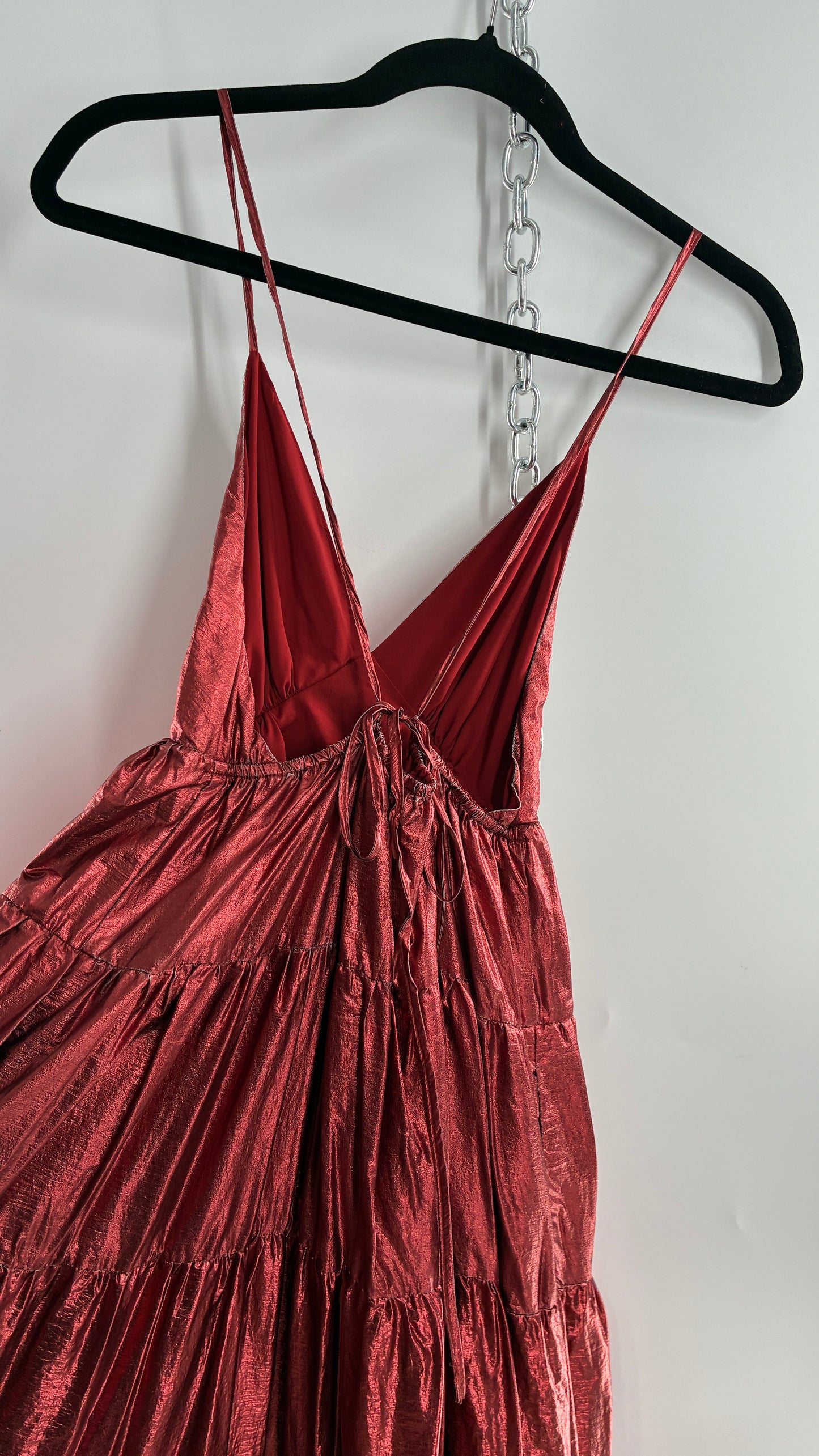 HUTCH Red Metallic Tiered Voluminous Maxi Gown (XS)