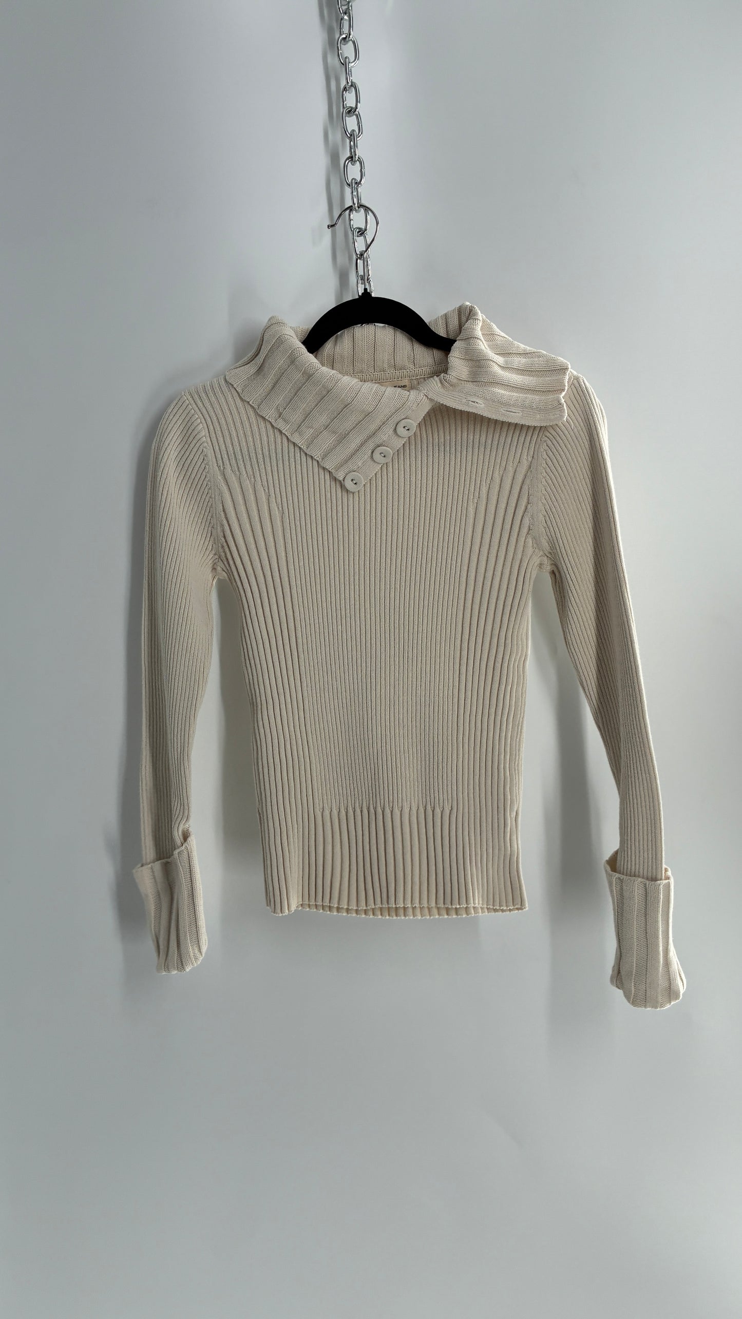 Vintage 1990s DKNY Off White Thick Ribbed Long Sleeve with Fold Over Wrists and Neckline (Medium)
