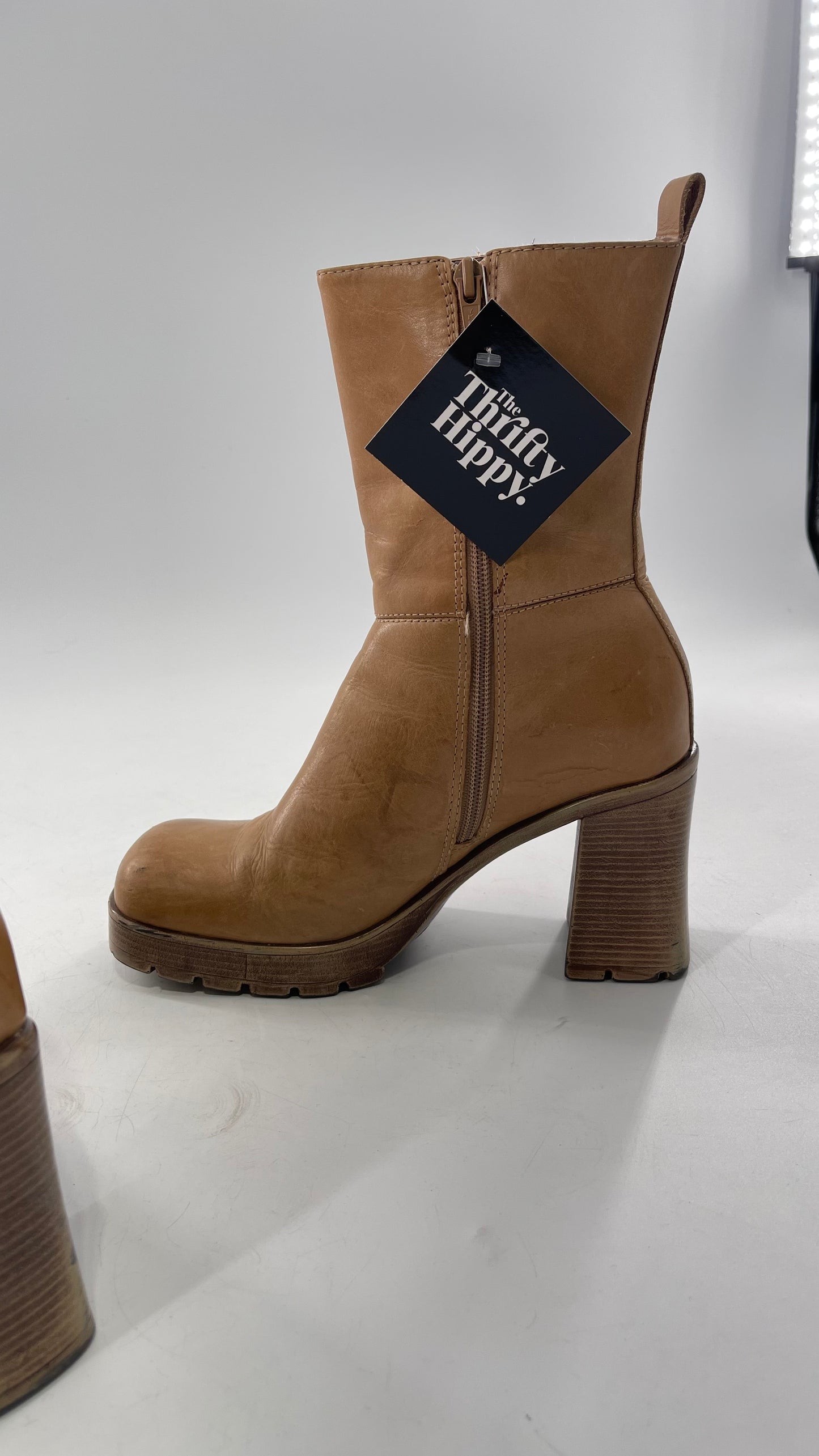 Vintage 90s Steve Madden Tan Leather Funky Square Toe Boot with Platform and Chunky Heel