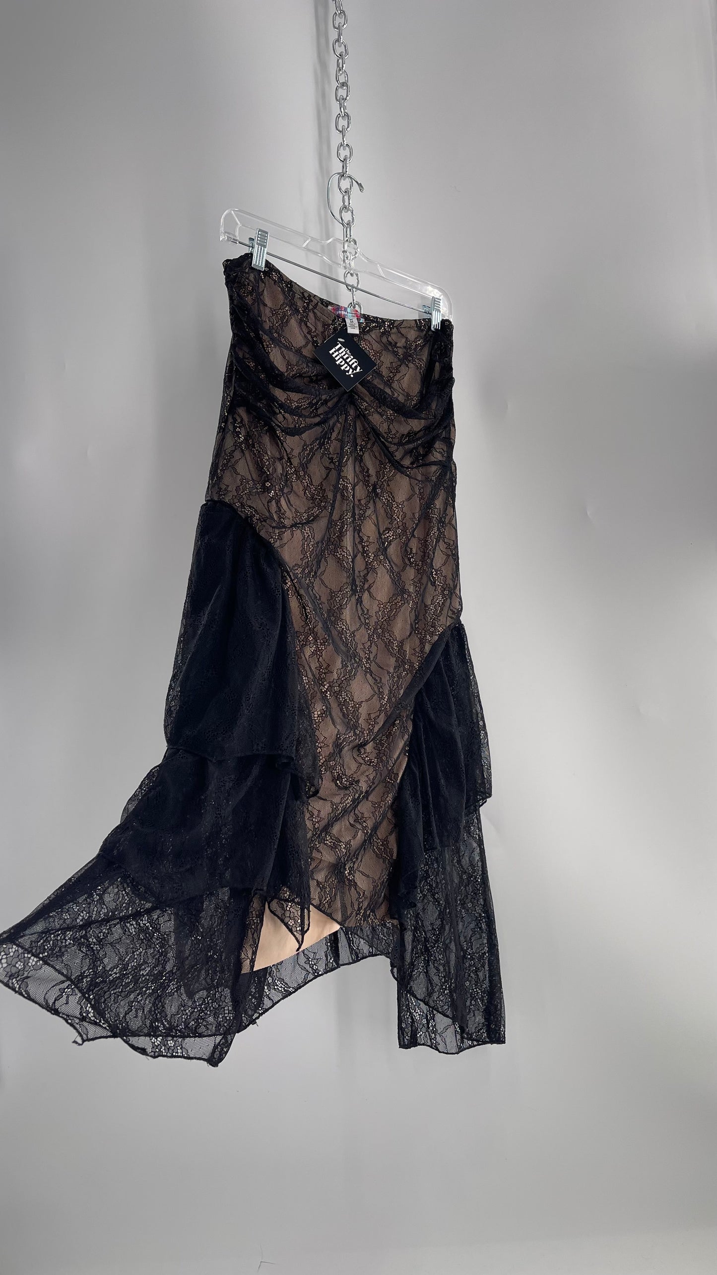 Urban Outfitters Black Lace Midi Skirt with Nude Underlay (Medium)