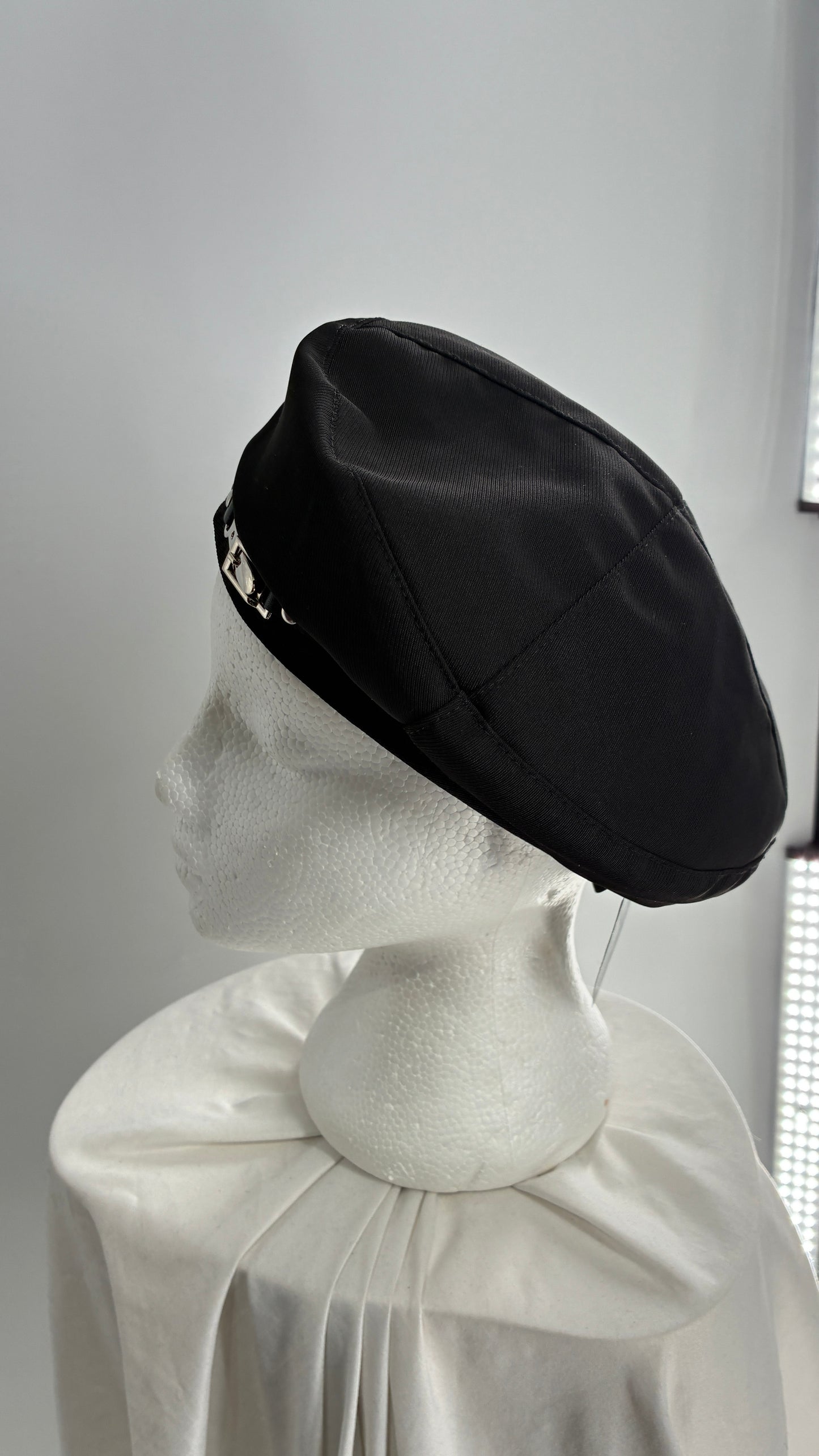 Black Beret with Vegan Leather Strap with Silver Metal Hardware