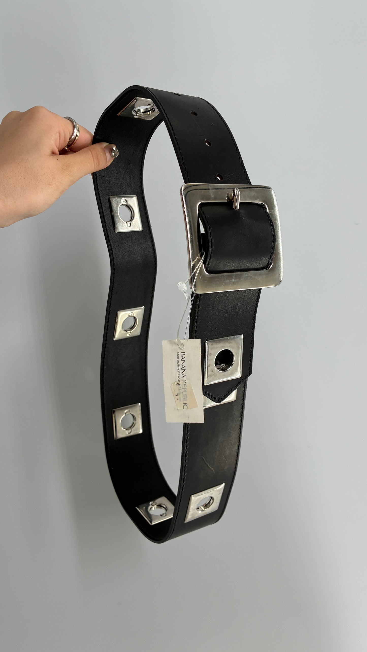 BANANA REPUBLIC Black Thick Leather Belt with Heavy Metal Details, Exaggerated Buckle, and Tags Attached (Small)