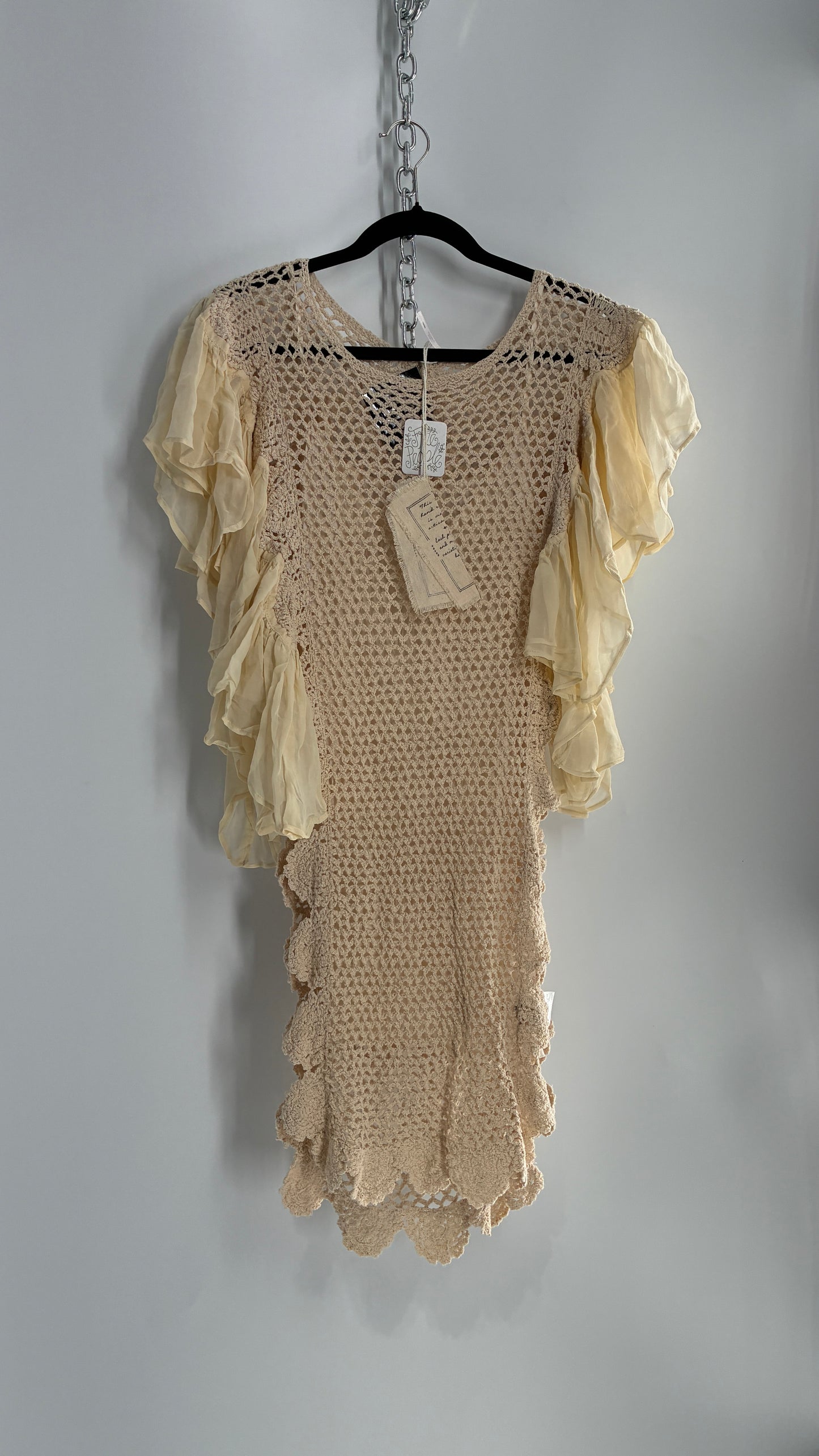 Free People Crochet Scalloped Open Side Dress with Ruffled Sleeve Details (S)