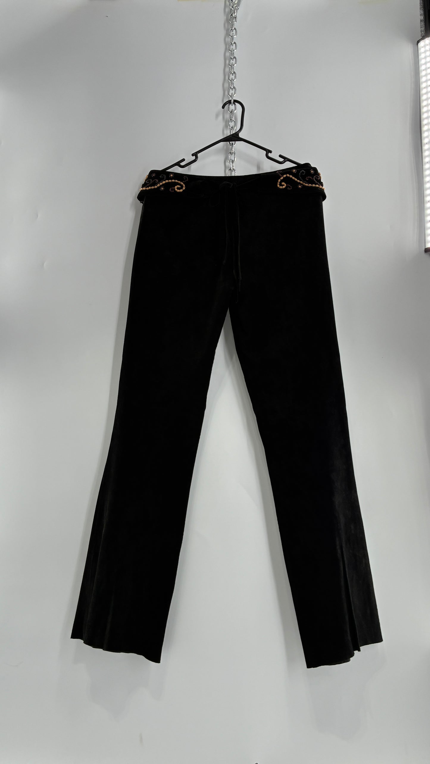 Vintage Margaret Godfrey Black Genuine Suede Leather Kick Flares with Wide Beaded Belt (10)