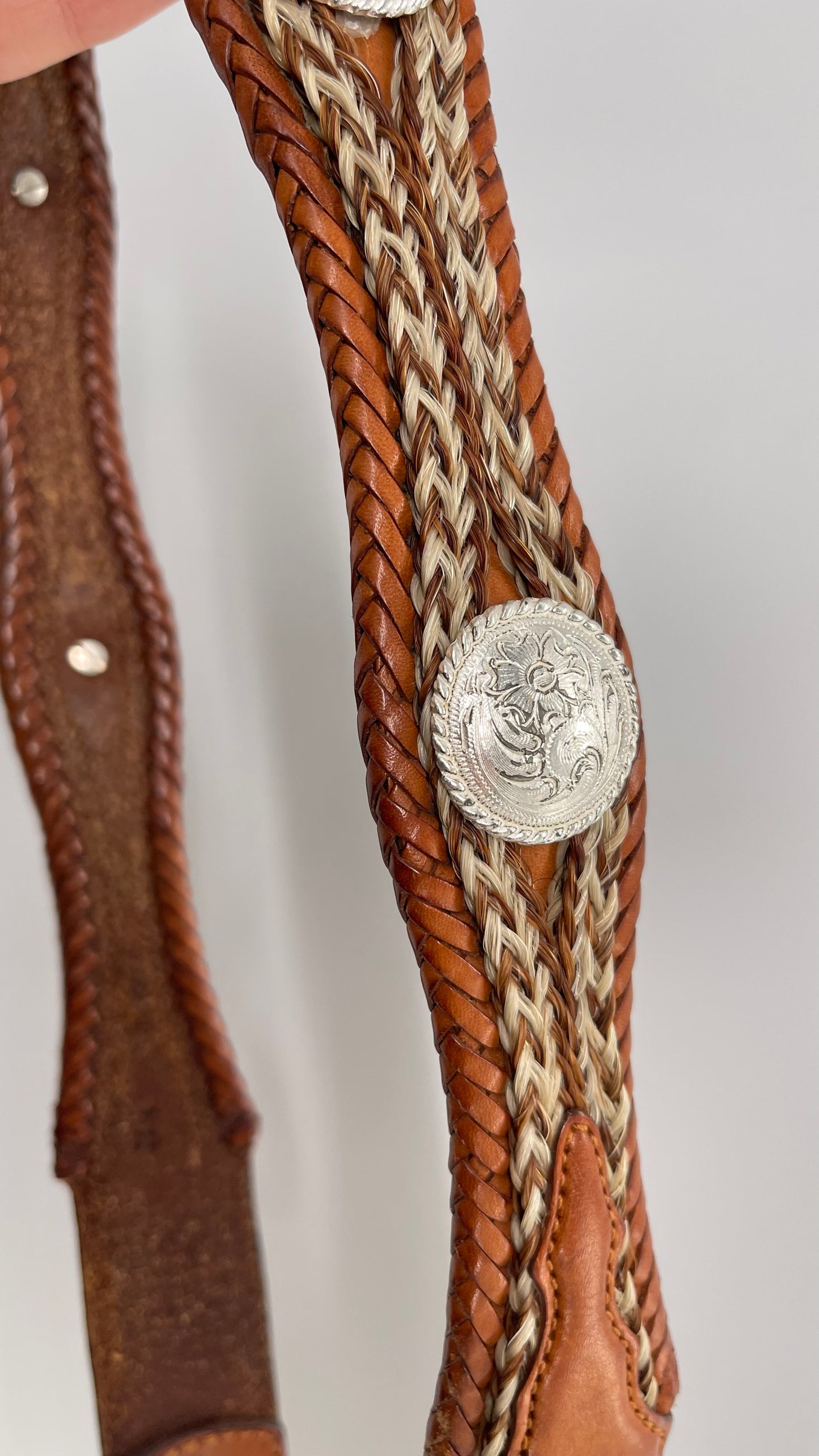 Vintage Tony Lama Genuine Leather Horse Hair Western Braided Belt With Silver Embellishments (34)