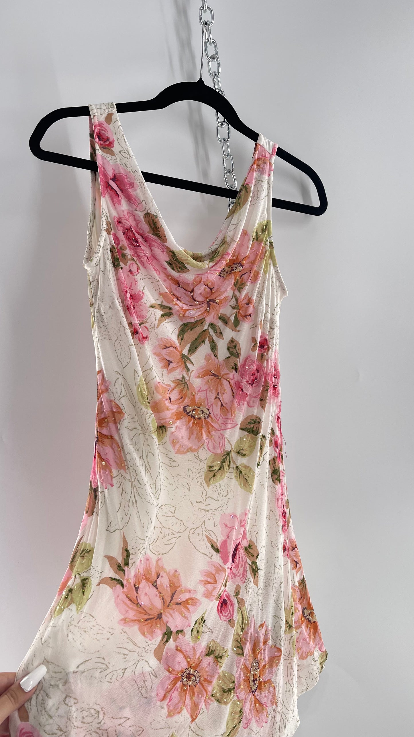 Vintage Eva Blue Pink Floral Draped Neck Sleeveless MIDI with Beading (10)
