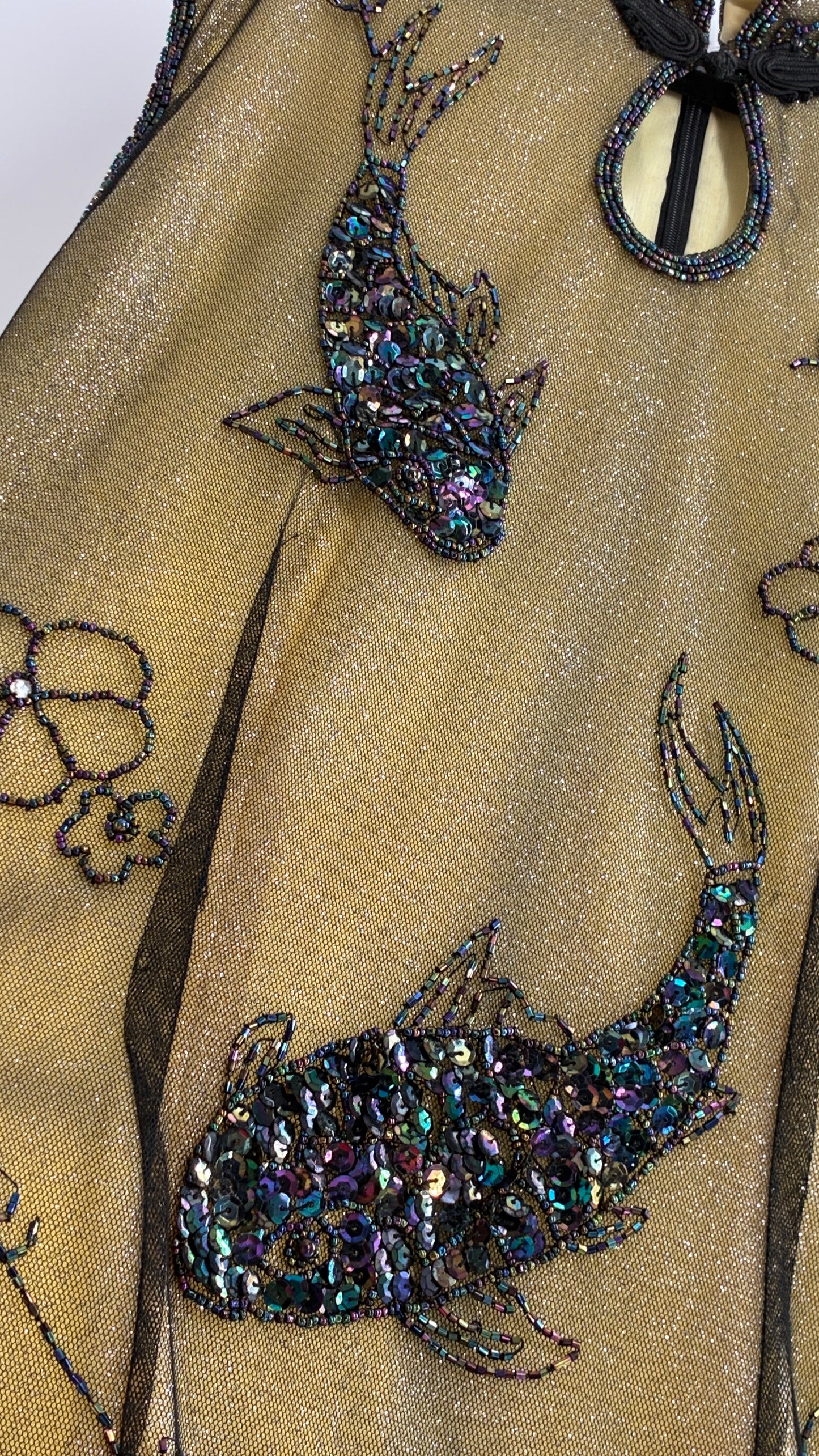 Vintage 1990s One of a Kind Handmade, Green Gown with Beaded Koi Fish, Metallic Tulle Overlay, and Symmetric Back (Medium)