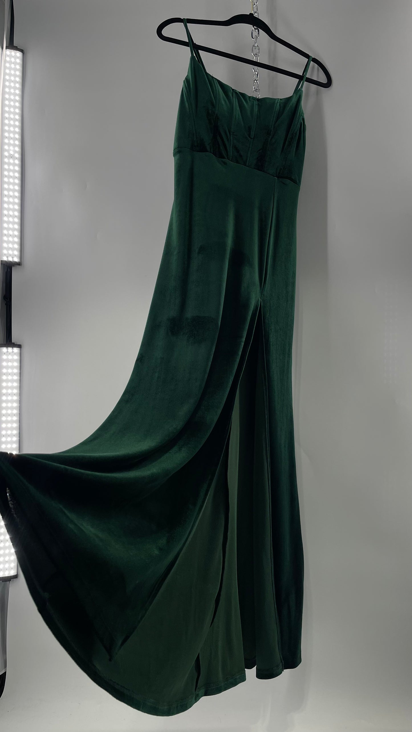 Windsor Forest Green Velvet Maxi Dress with Corseted Bust and Side Slit (11/12)