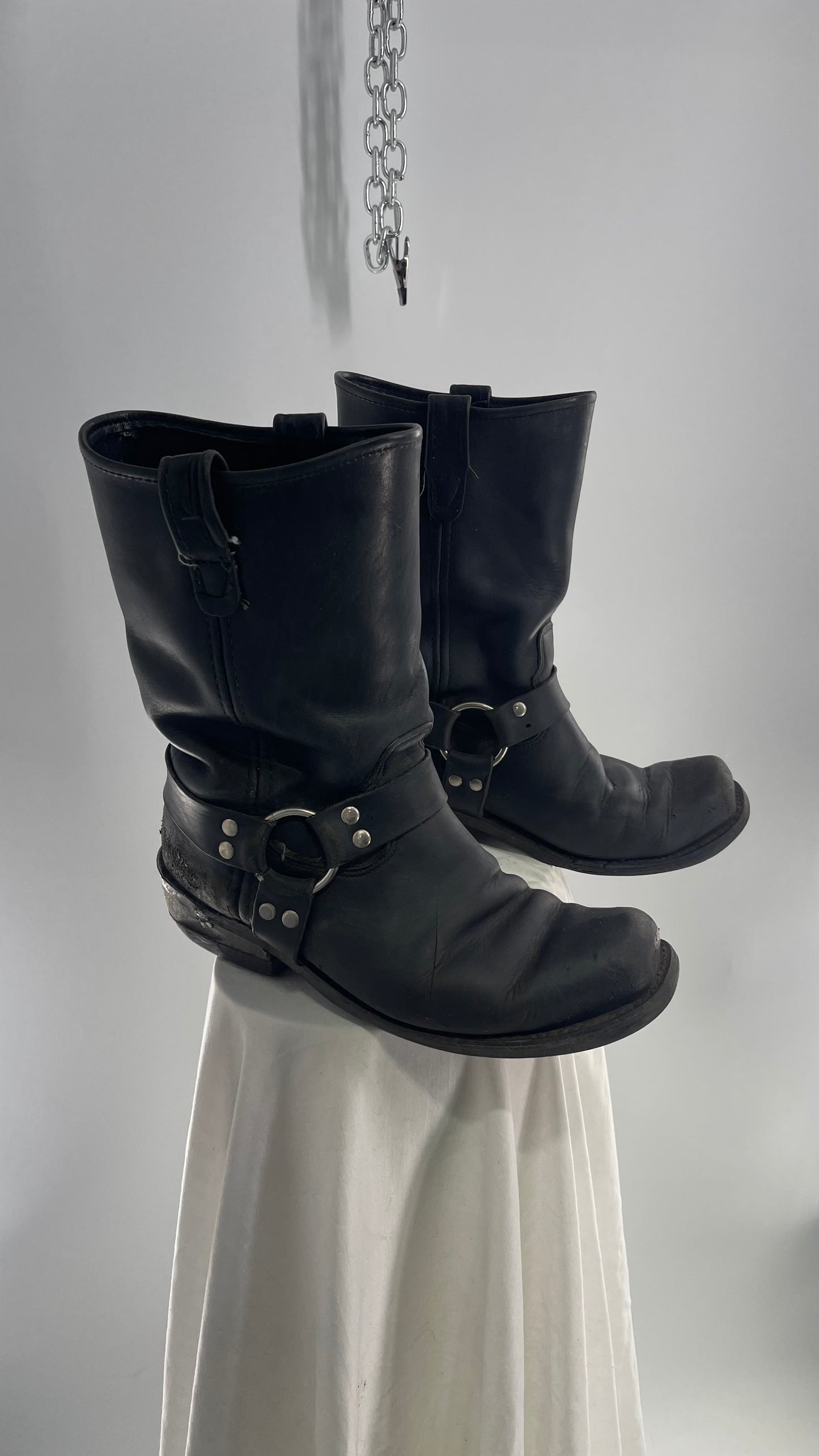 Vintage SIERRA Black Heavy Duty Sloppy Scuffed Distressed Leather Motorcycle Boots (10.5)