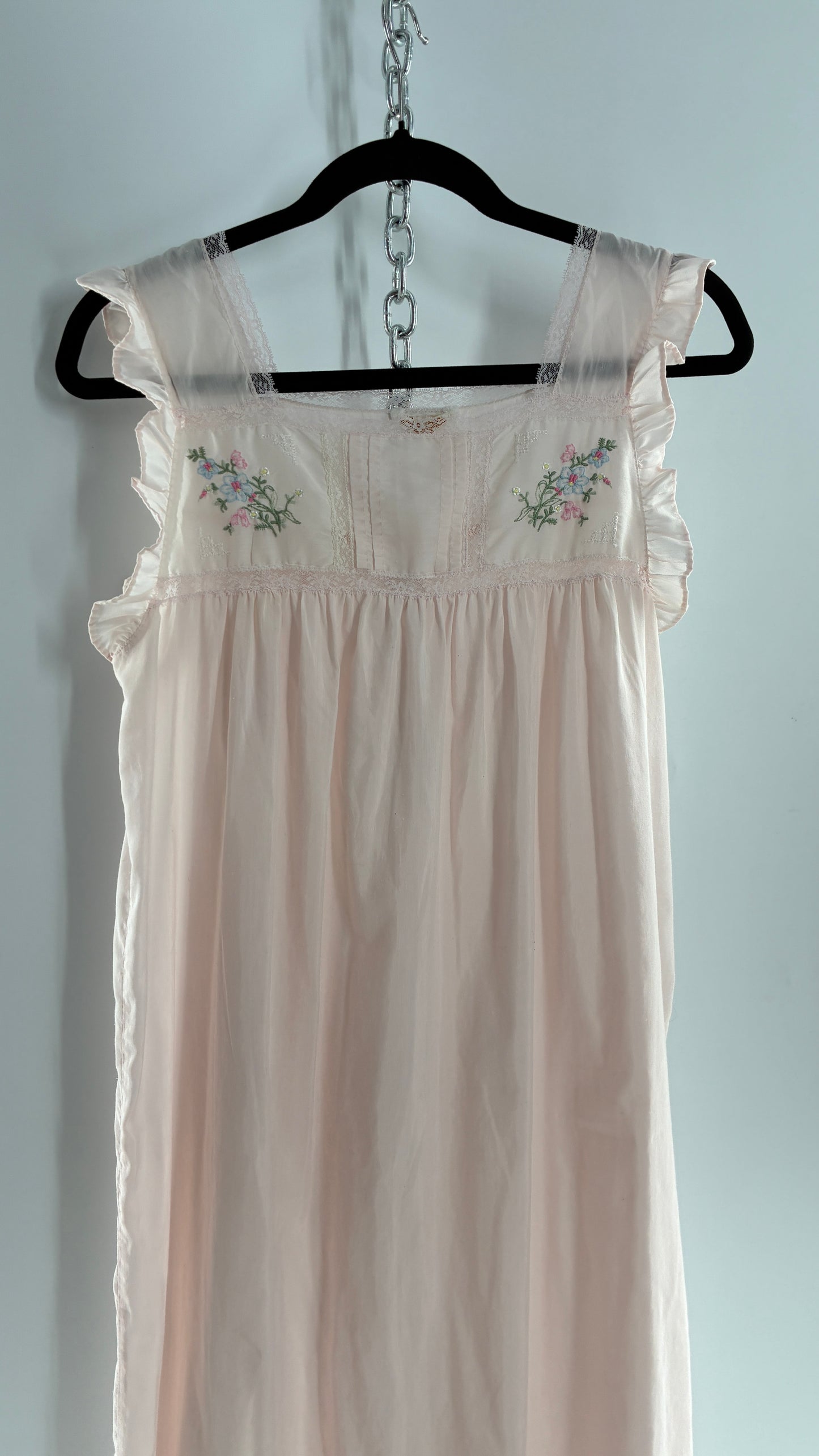 Vintage Barbarie Baby Pink Nightgown Style Dress with Embroidered Florals and Ruffled Straps