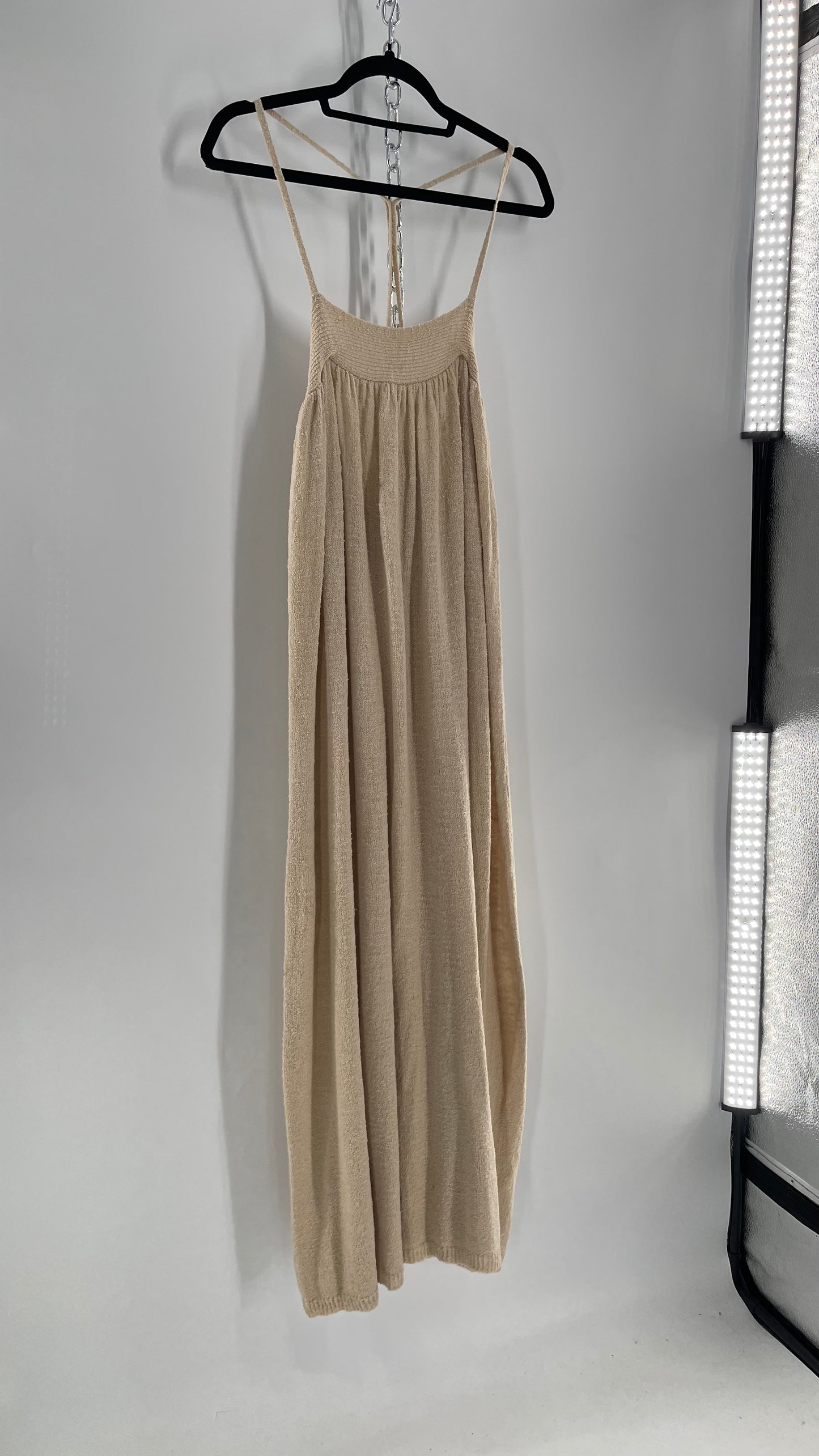 Free People Beach Beige Slinky Halter Textured Maxi Dress