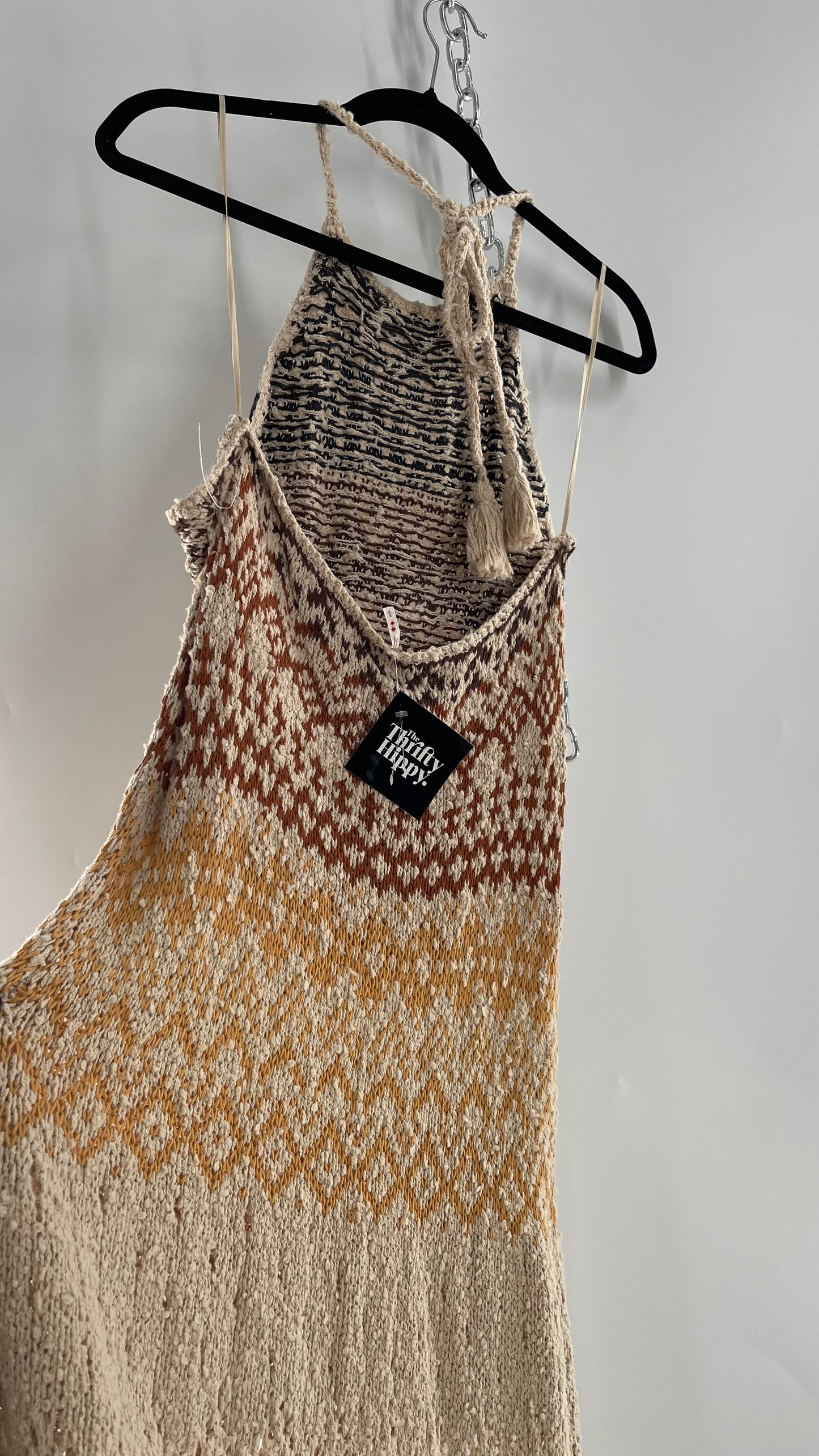 Free People Beige Ikat Oasis Knit Halter Maxi Dress (Small)