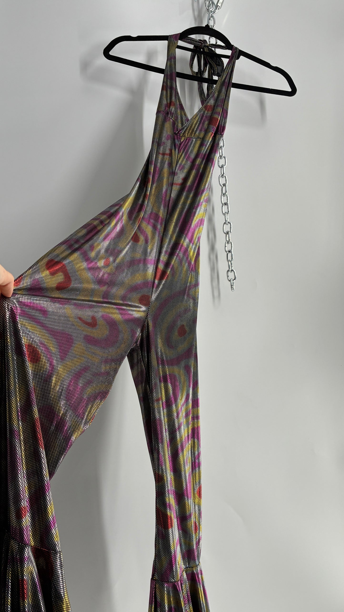 1970s Style Bell Bottom Psychedelic Metallic Jumpsuit with Waist Cinching Back Ties (S/M)