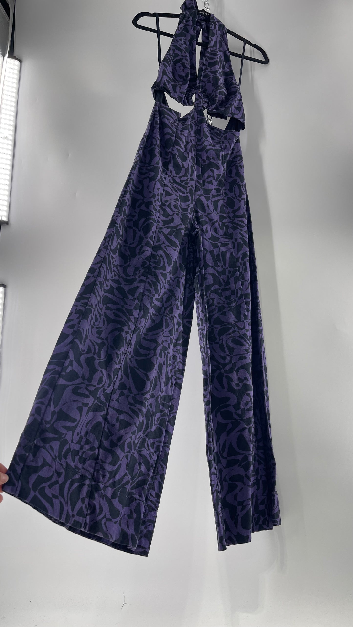 Free People Kira Retro Black and Purple Wide Leg Halter Jumpsuit with Tortoise Bust Loop (XS)
