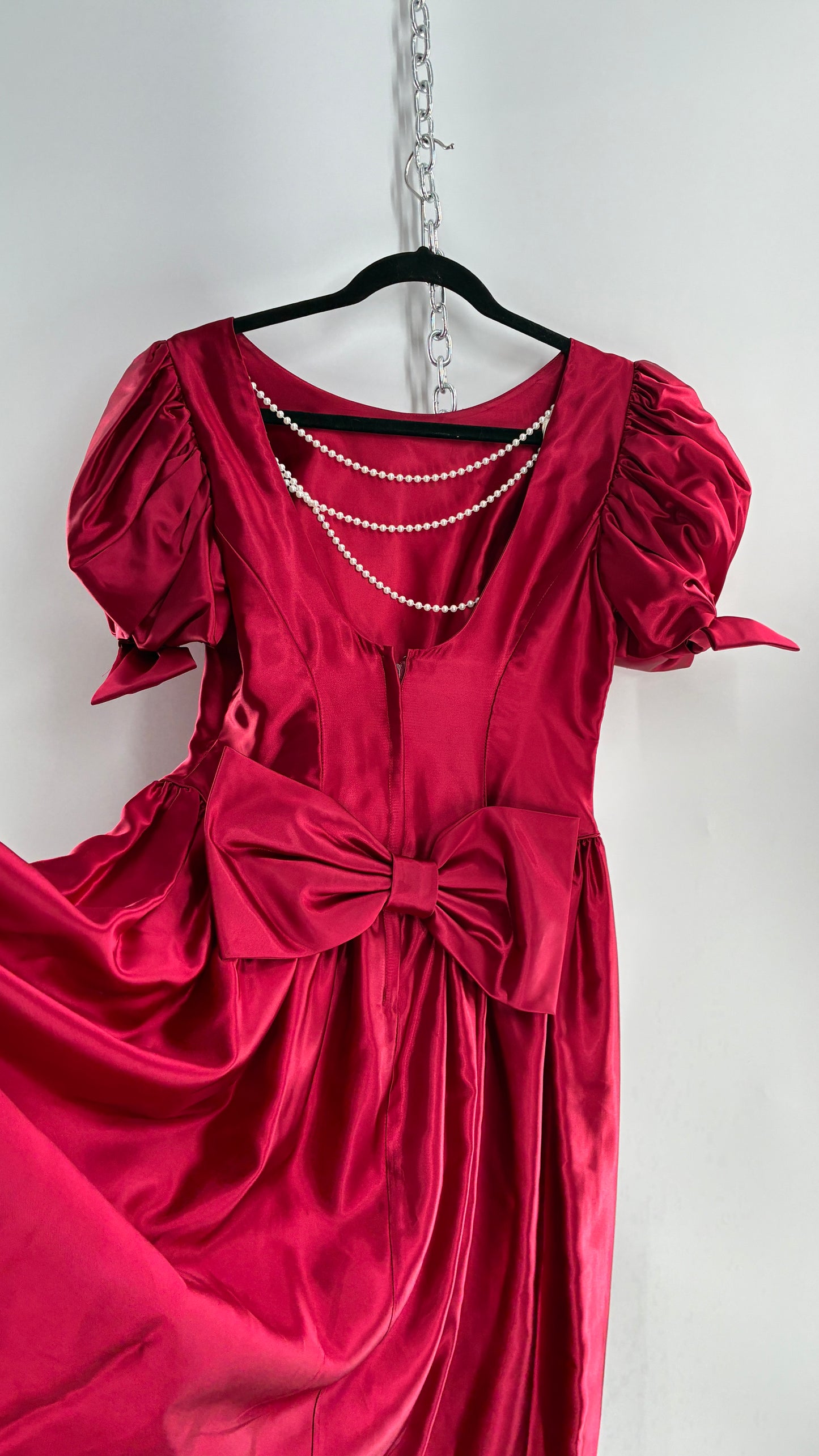 Vintage Red Silky Satin Corset Style Dress with Sweetheart Neckline, Puff Sleeves, Oversized Bow Bum, Open Back and Draping Pearls (10P)