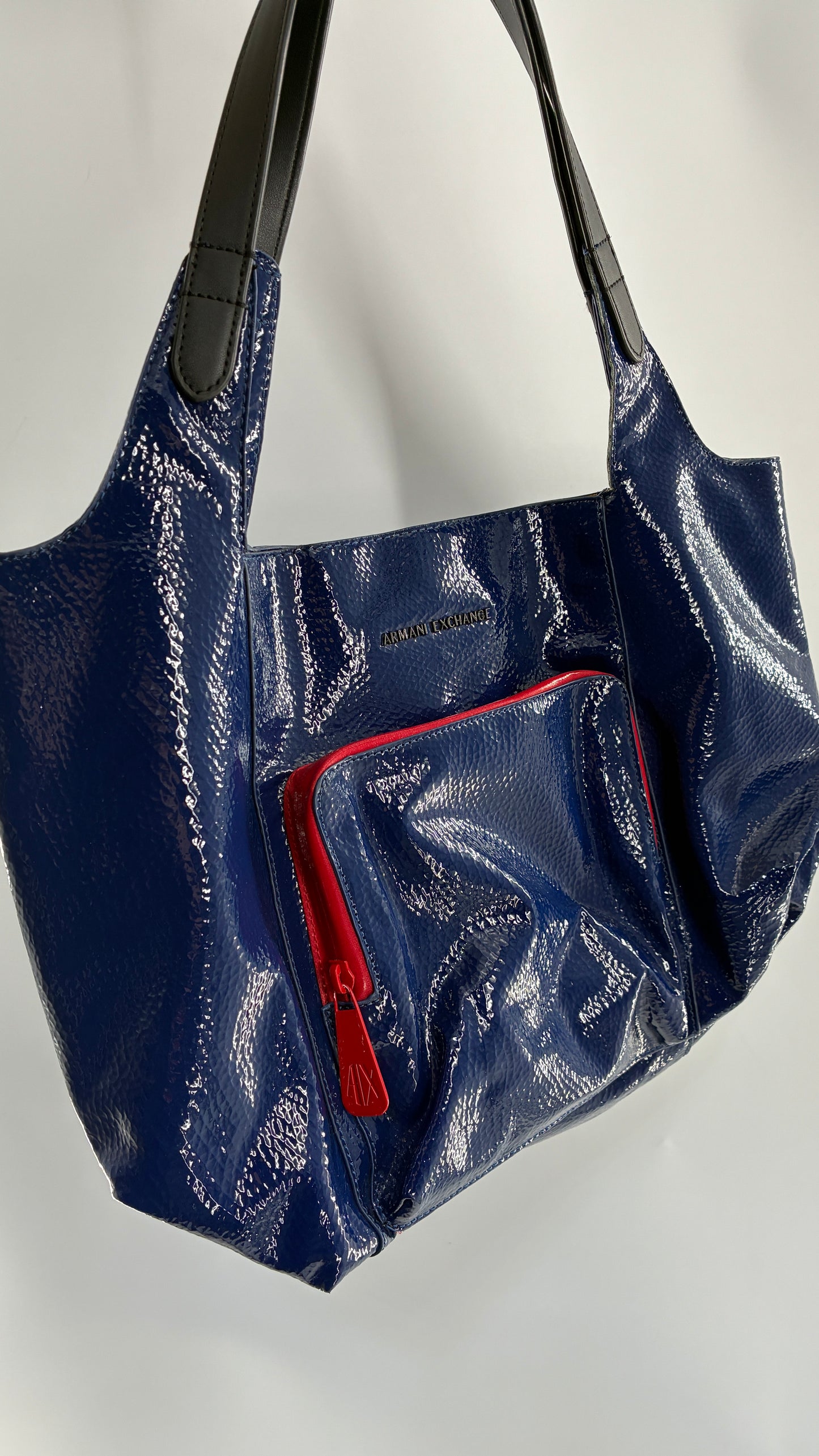 Vintage ARMANI EXCHANGE Navy Blue Patent Tote Bag with Contrasting Red Zipper