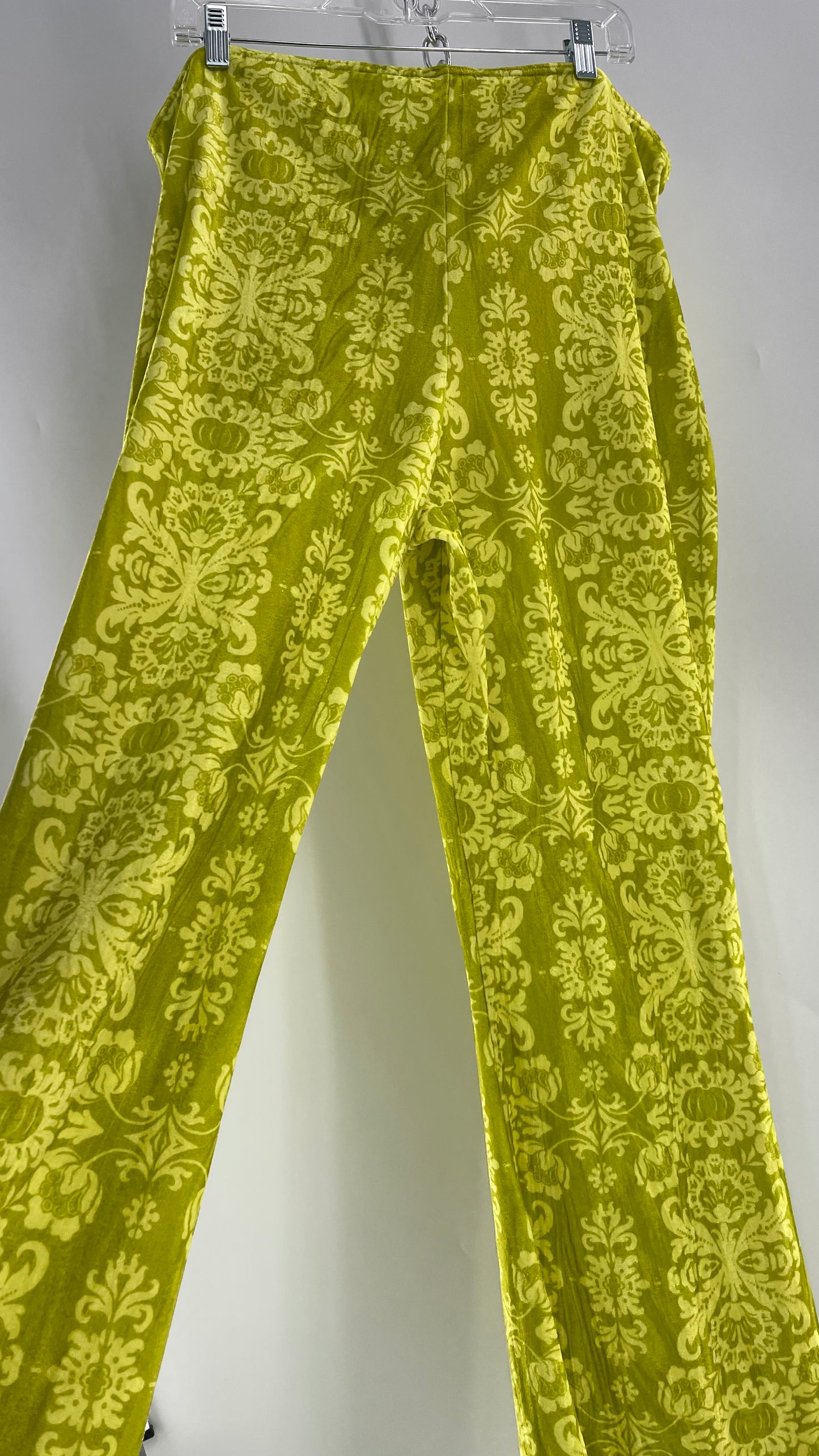 Urban Outfitters Chartreuse Green/Yellow Velvet Lace Patterned Flares with Scrunch Front (XXL)