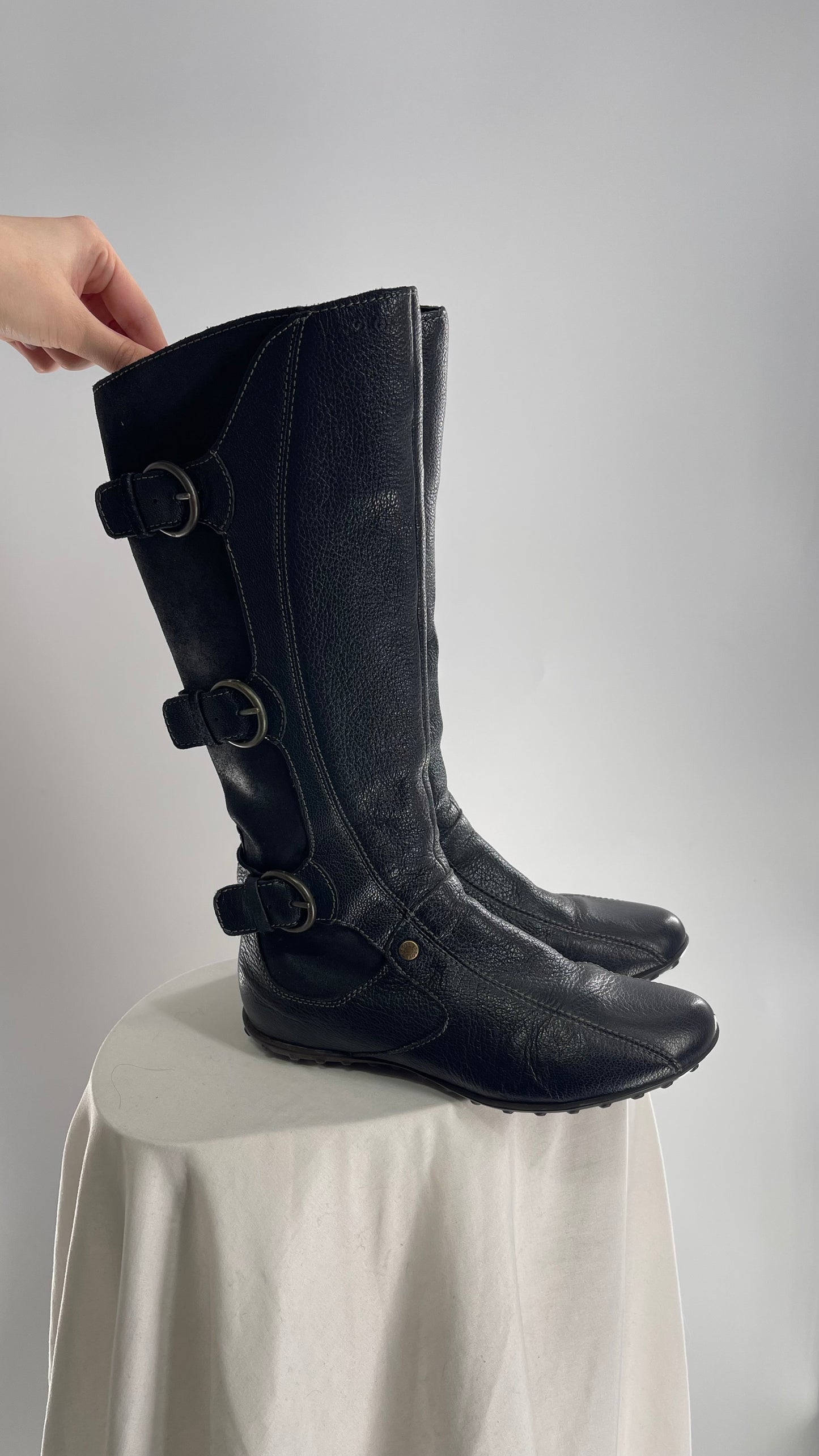 GEOX Black Leather Buckle Knee High Boots