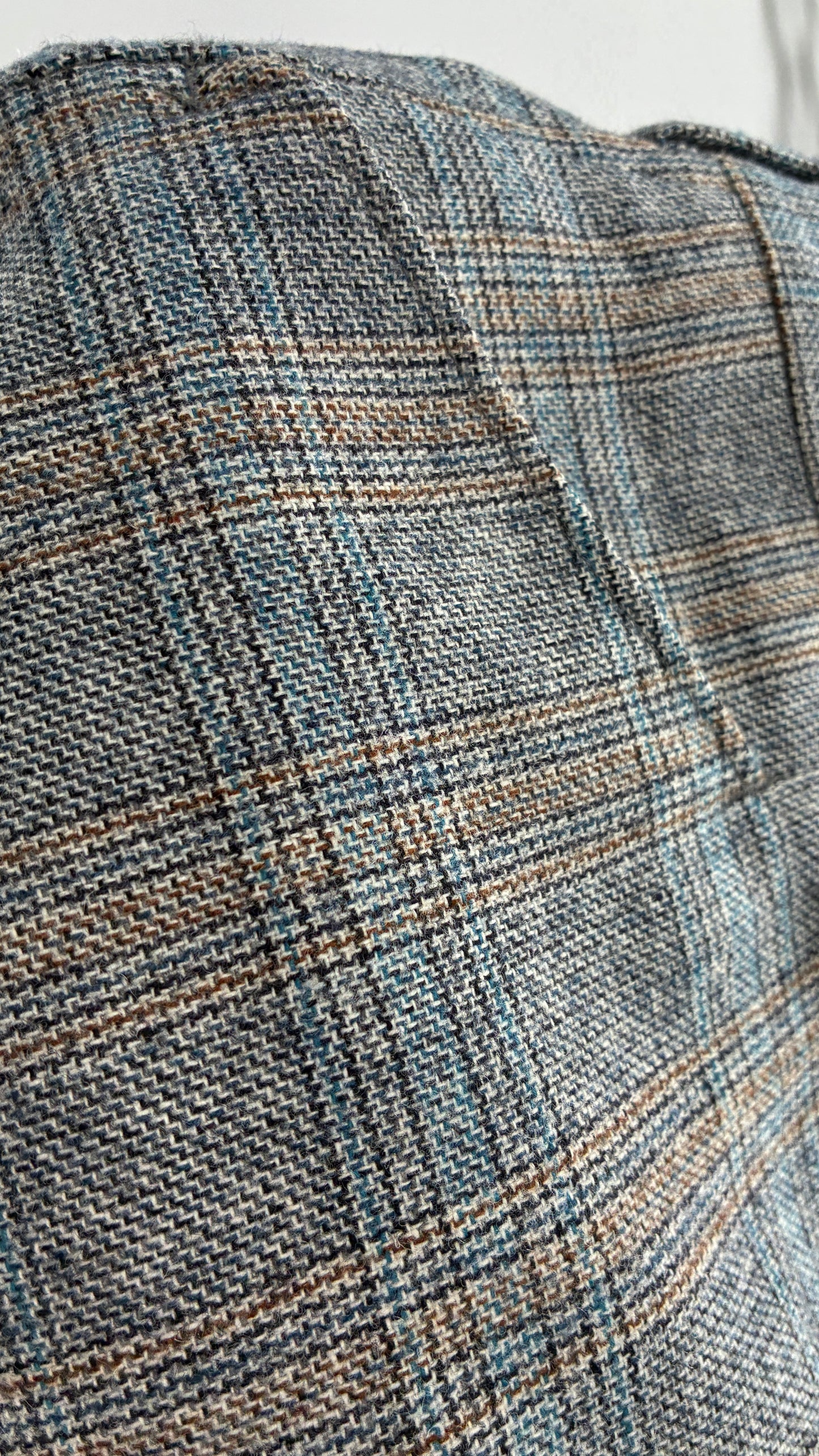 Vintage Handmade Wool Blend Woven Men’s Tailored Trousers with Grey Blue Plaid Pattern (35x32)