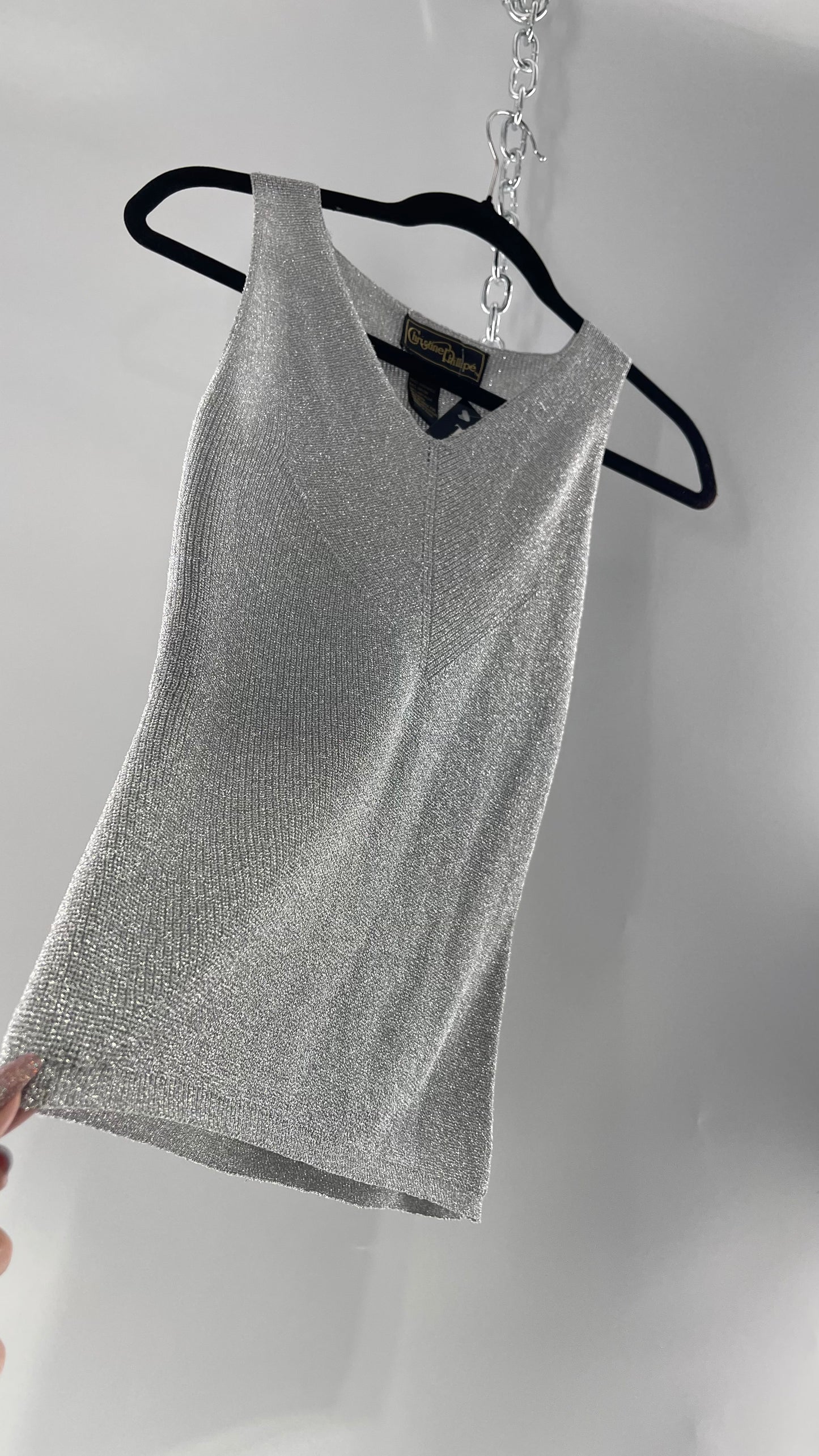 Vintage Christine Phillipe Vintage Metallic Silver Tinsel Knit Tank (Medium)