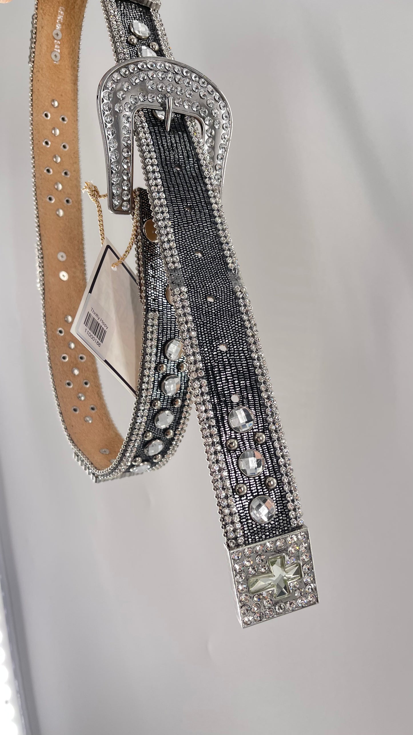 Free People Dark Silver Metallic Snake Print Belt covered in Crystal Embellishments and Heavy Metal Crosses (M)
